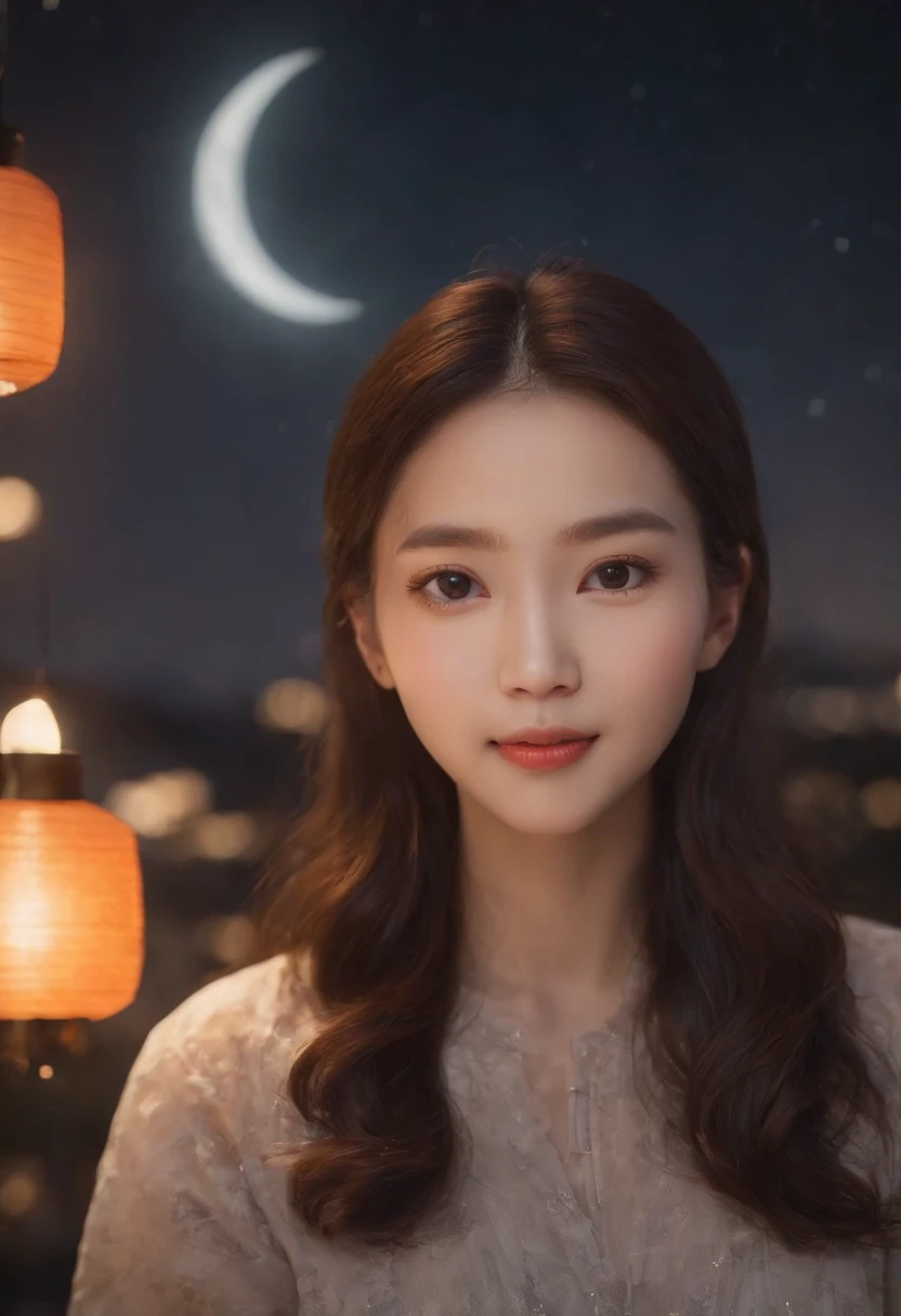 mid-autumn festival,Stars shine,Colorful,A huge moon floats over the city,pretty and cute,Kids Illustration,glow effect,dingdall effect,depth of fields,highlight,Real Light,Ray traching,OC rendering,Hyper-realistic,best qualtiy,8K,Works of masters,super-fine,Detailed pubic hair,Correct anatomy,sharp focus on eyes,Bokeh,Facial features are carefully drawn,Mother,Making mooncakes,Lantern glows