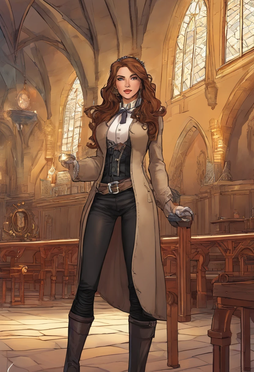 a picture of a steampunk (1)nun in a church, wearing nun habit, wearing black pantyhose, (best detailed face:1.3), ultra feminine: 1.3), dynamic hair, long hair, wavy hair, blue eyes, intent eyes, wearing high heeled boots, photorealistic, 16k, RAW, award winning, (best detailed: 1.5), masterpiece, best quality, (best detailed: 1.3), full body, ultra wide shot,