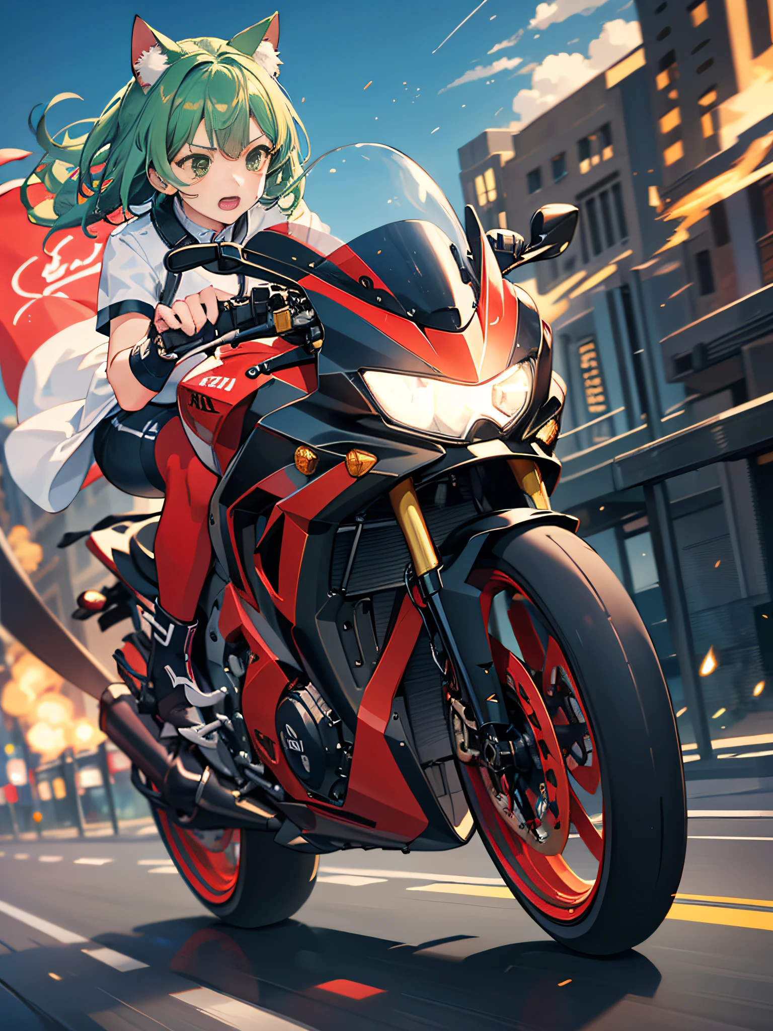 ((Masterpiece, Top quality)), A (Speeding) High-speed Red Bike City, (Slow motion: 1.3), (Motion blur: 1.3), (speed-line: 1.4), Sense of speed, Cat girl, Green short bob hair, Green eyes, sparks and smoke coming out of tires, Hair fluttering in the wind