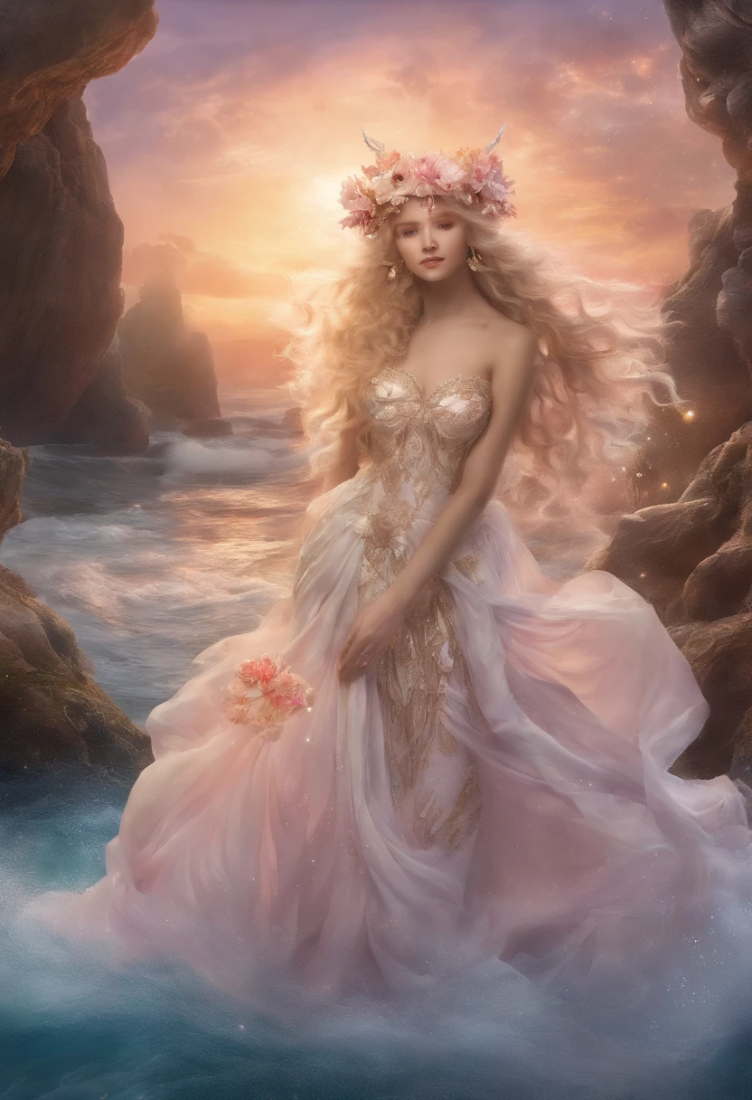 Create a detailed image of Aphrodite, the Goddess of Love and Beauty, standing on a seashell emerging from the foamy sea. She is radiantly beautiful with golden hair cascading down her back, and her eyes sparkle with allure. She is adorned in an ethereal, flowing gown that shimmers like moonlight on water. Surround her with a soft, rosy glow, and have her holding a bouquet of exquisite flowers. Capture her essence in all its divine beauty and charm, 24mm, 8k, full body shot, disney, hyperrealistic anime, hyperrealistic, hyper realism, photorealistism, realistic, goddess, dreamy, ethereal, fantasy art, mythology, soft lighting, ancient greek, adrian donoghue