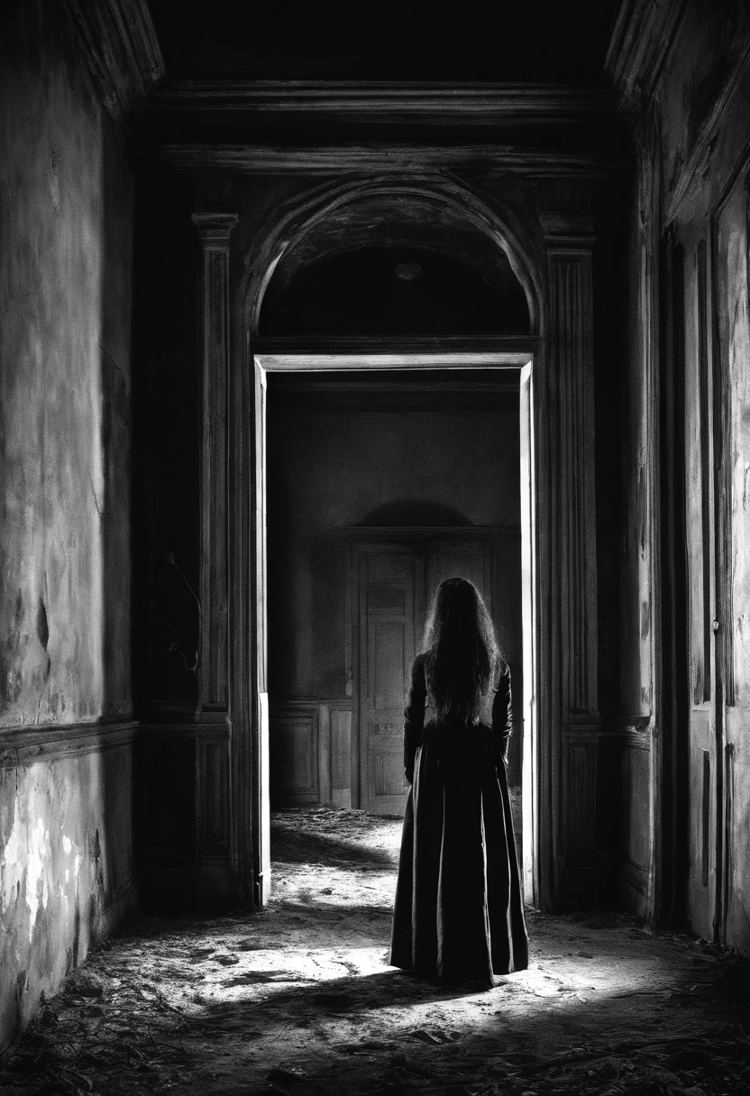 vintage black and white photography, sinister photo, ( ( ( Horror art ) ) ), gloomy vibes, horror, nightmare atmosphere, evokes disturbing elements, dark feelings, horizontal aspect, The best quality, must disturb the viewer,
