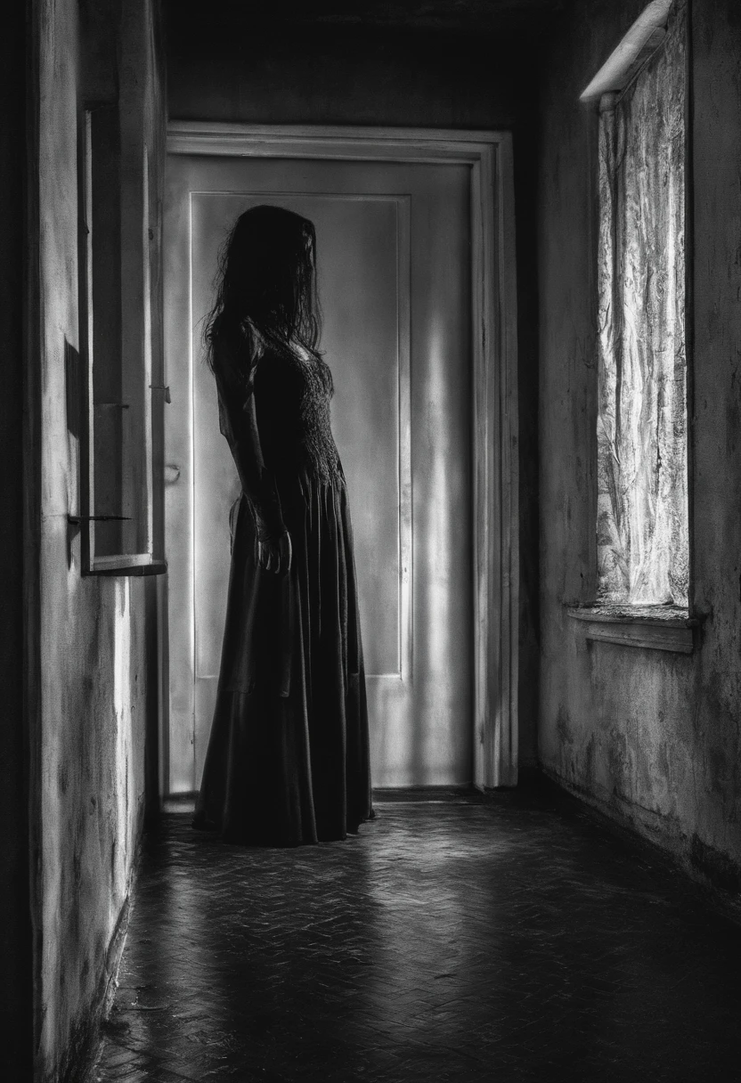 Una joven con un vestido blanco hecho jirones, her long hair darkening part of her melancholy face. Sus ojos parecen oscuros, and a mysterious smile crosses his pale face from time to time.. She stands in the corner of a dark room., como si esperara con profunda tristeza. Yet, The most chilling thing is the long shadow it casts on the wall.., Looking bigger and more ominous than her own figure. Es como si fuera una ventana a su alma herida y aislada., hinting at a story possibly even scarier than meets the eye