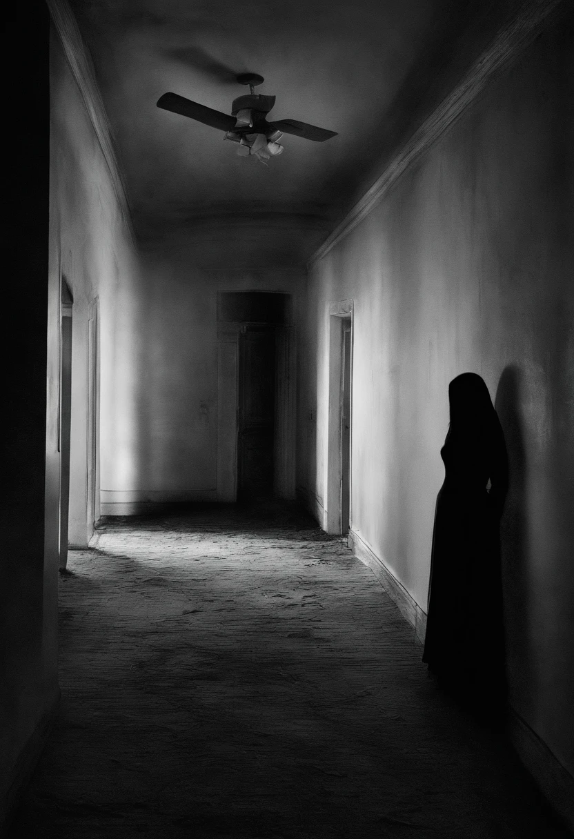 Una joven con un vestido blanco hecho jirones, her long hair darkening part of her melancholy face. Sus ojos parecen oscuros, and a mysterious smile crosses his pale face from time to time.. She stands in the corner of a dark room., como si esperara con profunda tristeza. Yet, The most chilling thing is the long shadow it casts on the wall.., Looking bigger and more ominous than her own figure. Es como si fuera una ventana a su alma herida y aislada., hinting at a story possibly even scarier than meets the eye