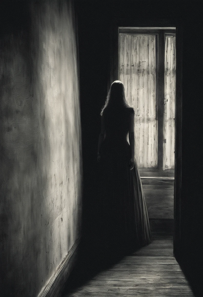 Una joven con un vestido blanco hecho jirones, her long hair darkening part of her melancholy face. Sus ojos parecen oscuros, and a mysterious smile crosses his pale face from time to time.. She stands in the corner of a dark room., como si esperara con profunda tristeza. Yet, The most chilling thing is the long shadow it casts on the wall.., Looking bigger and more ominous than her own figure. Es como si fuera una ventana a su alma herida y aislada., hinting at a story possibly even scarier than meets the eye