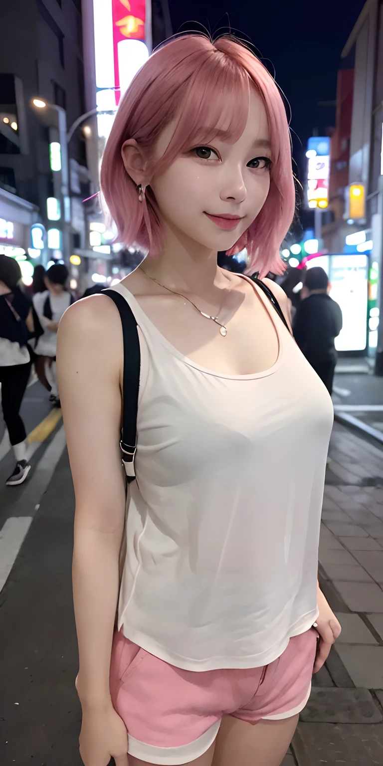 breast focus, ((facing viewer)), (((smile)), Hoodie, Portrait, (((show off nipple ))), at the street, green Cargo pants, japanese tiny lady, pale skin, pink hair, ((standing)), high quality:1.3, Professional lighting:2.0 realistic:1.2, 4k resolution, detailed skin, masterpiece:1.1