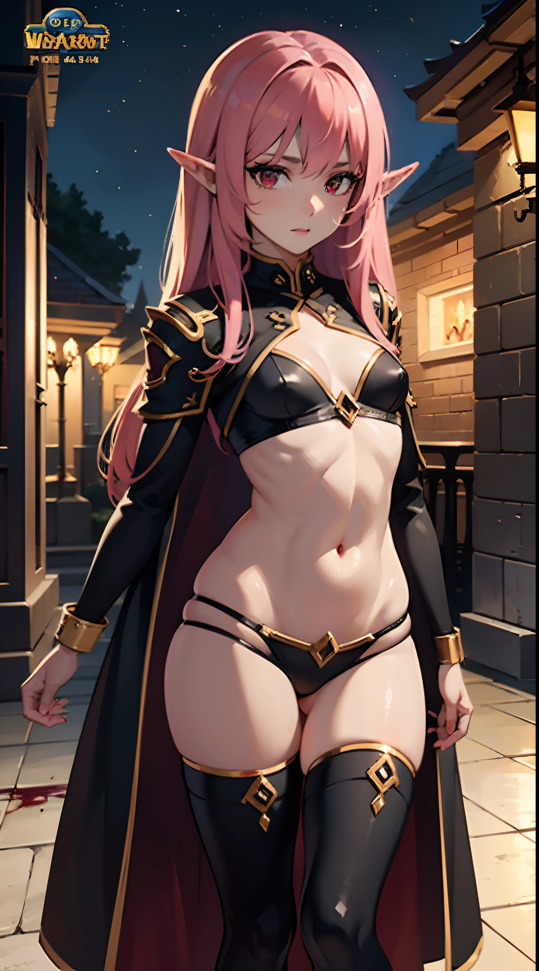 (NSFW), RAW, professional photograph, movie photograph, medium shot, Female elf, twenty years old, night, dark castle, ((World of Warcraft)), ((Blood Elf)) , athletic body, soft facial features, long hair, straight hair, pink hair, red eyes, small body, flat chest, Realism, hyperrealism, ray tracing, high details, super detail, UHD, 8k