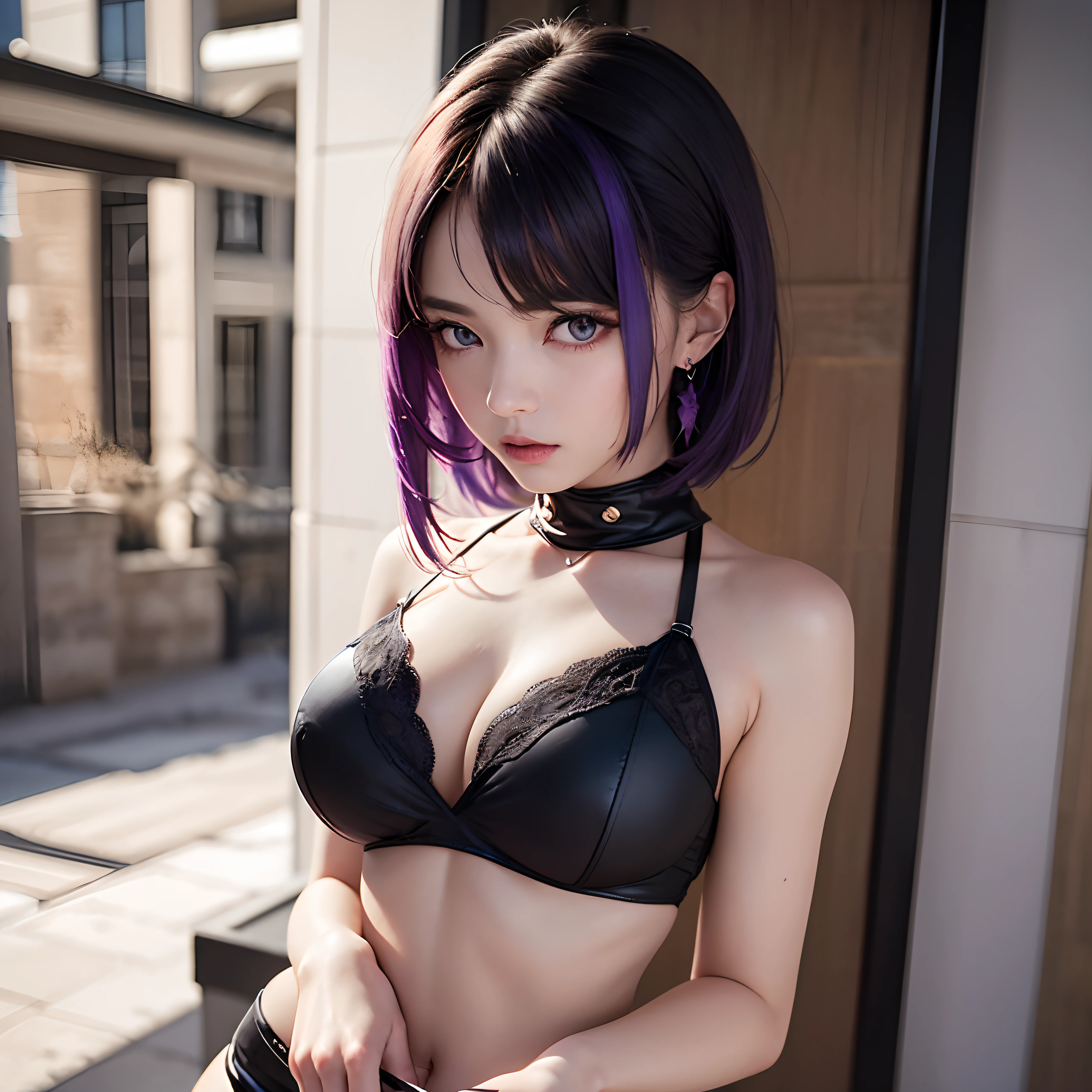 ((1girl)), ((masterpiece)), cute,beautiful face, blue eyes:1.2, ((black hair)), (shiny hair),  lip, big breasts, big boobs, full body, looking at viewer, masterpiece:1.5, ((beautiful detailed eyes)), cute eyes, best quality, perfect body, shiny body, (overexposure),cinematic lighting, dynamic lighting, ((correct hand anatomy)), very high resolution, high resolution, (((ultra-detailed))), (an extremely delicate and beautiful), (((beautiful detailed eyes))), depth of field, There is a woman in a white suit posing for a photo, Gothic Cybersuit, Chrome Suit, Dystopian Sci-Fi Suit, Futuristic Outfit, Full Body Create Lucy grom the anime series Ninja Slayer as a young woman with a striking appearance, featuring long, lavender-colored hair and vibrant purple eyes. Lucy typically wears a revealing and provocative outfit, consisting of a purple bikini top, short black shorts, thigh-high stockings, and thigh-high black boots. Her attire showcases her confident and assertive personality.