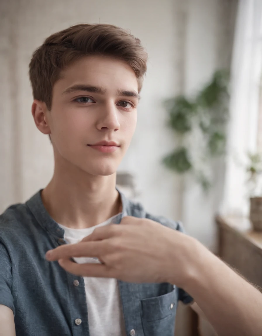 Male teen taking a selfie, wearing a shirt.  He is ************.  short hair