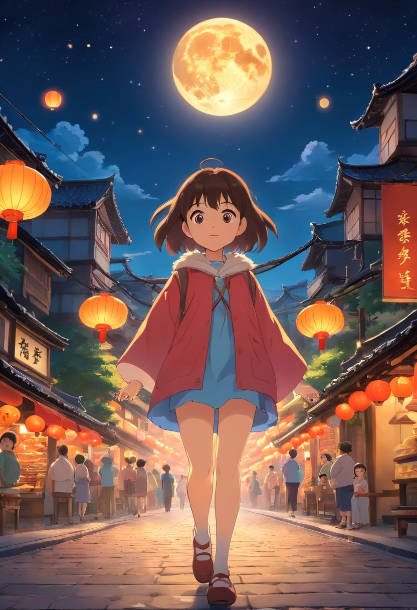 mid-autumn festival，Stars shine，Colorful，A huge moon floats over the city，pretty and cute，Kids Illustration，glow effect，dingdall effect，depth of fields，Highlight，Real Light，Ray traching，OC rendering，Hyper-realistic，best qualtiy，8K，Works of masters，super-fine，Detailed pubic hair，Correct anatomy，sharp focus on eyes，Bokeh，Facial features are carefully drawn，Mother，Making mooncakes，Lantern glows