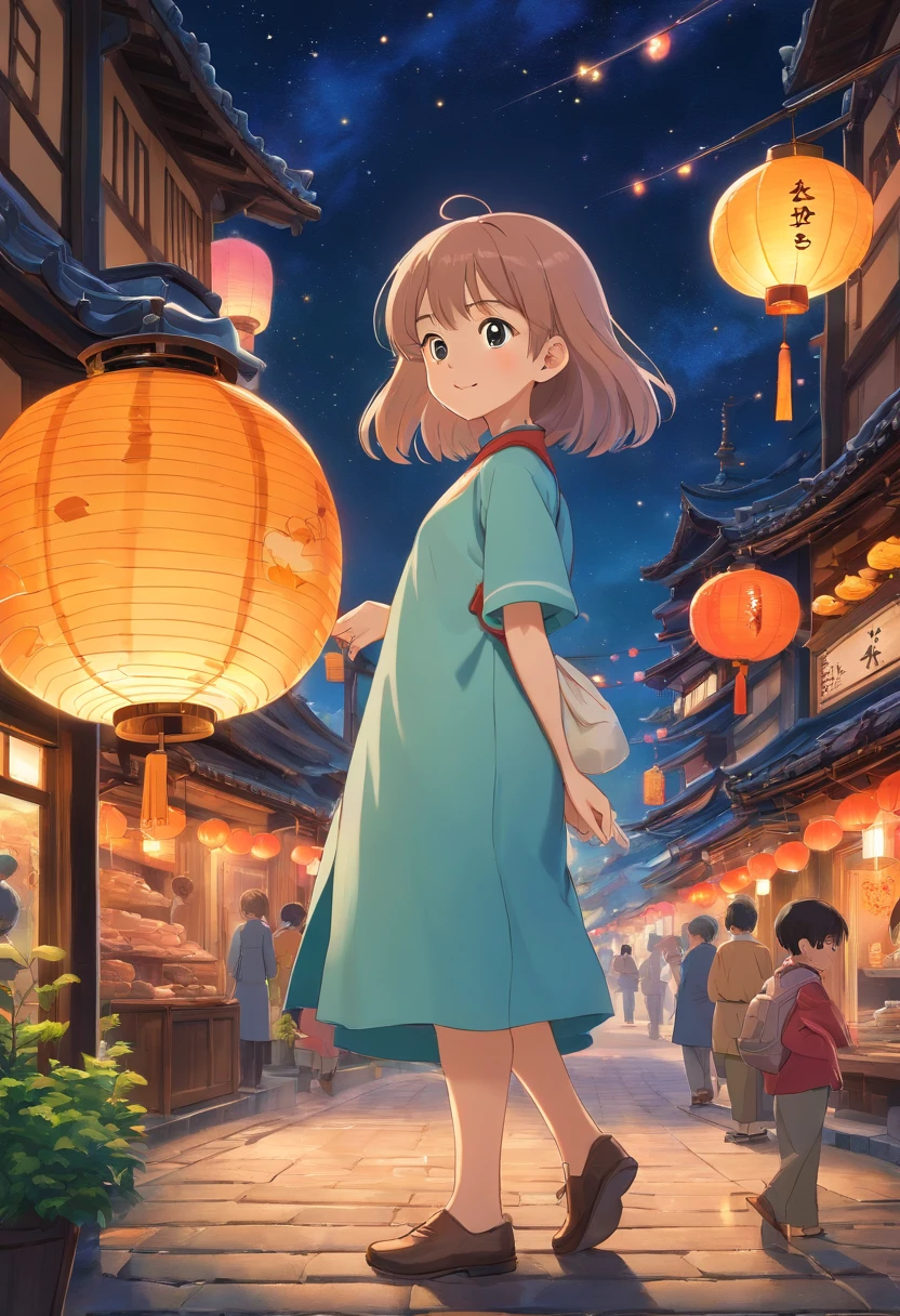 mid-autumn festival,Stars shine,Colorful,A huge moon floats over the city,pretty and cute,Kids Illustration,glow effect,dingdall effect,depth of fields,Highlight,Real Light,Ray traching,OC rendering,Hyper-realistic,best qualtiy,8K,Works of masters,super-fine,Detailed pubic hair,Correct anatomy,sharp focus on eyes,Bokeh,Facial features are carefully drawn,Mother,Making mooncakes,Lantern glows