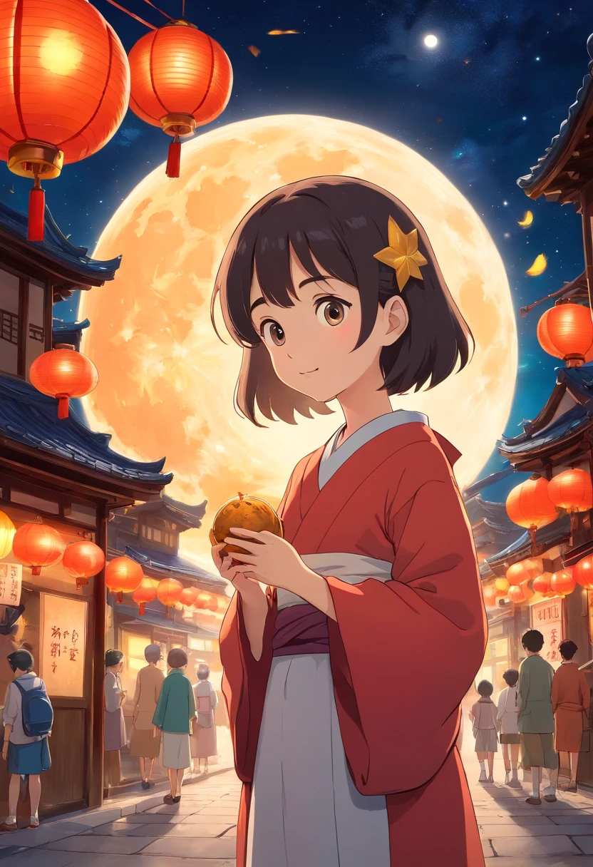 mid-autumn festival，Stars shine，Colorful，A huge moon floats over the city，pretty and cute，Kids Illustration，glow effect，dingdall effect，depth of fields，Highlight，Real Light，Ray traching，OC rendering，Hyper-realistic，best qualtiy，8K，Works of masters，super-fine，Detailed pubic hair，Correct anatomy，sharp focus on eyes，Bokeh，Facial features are carefully drawn，Mother，Making mooncakes，Lantern glows