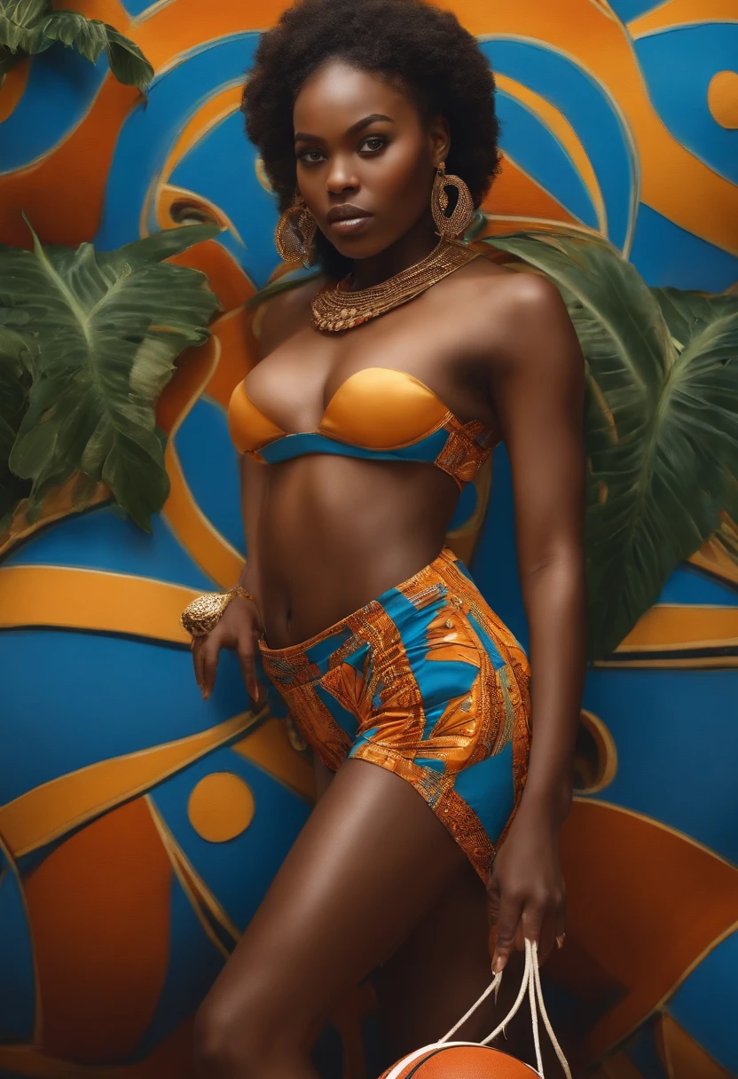 FEMME AFRICAINE AUX YEUX BLEU CULOTTE SUR OR JOUE AU BASKETBALL DANS LEAU
