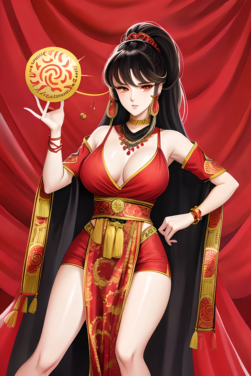 Uma bela mulher madura,usando roupas femininas hunfa wuxia,long hair up to the waist,cor negra,olhos escuros,roupa com vermelha com detalhes dourados,corpo escultural de uma musa,sensual,atraente,empunhando uma espada estilosa,next to an ancestral mansion