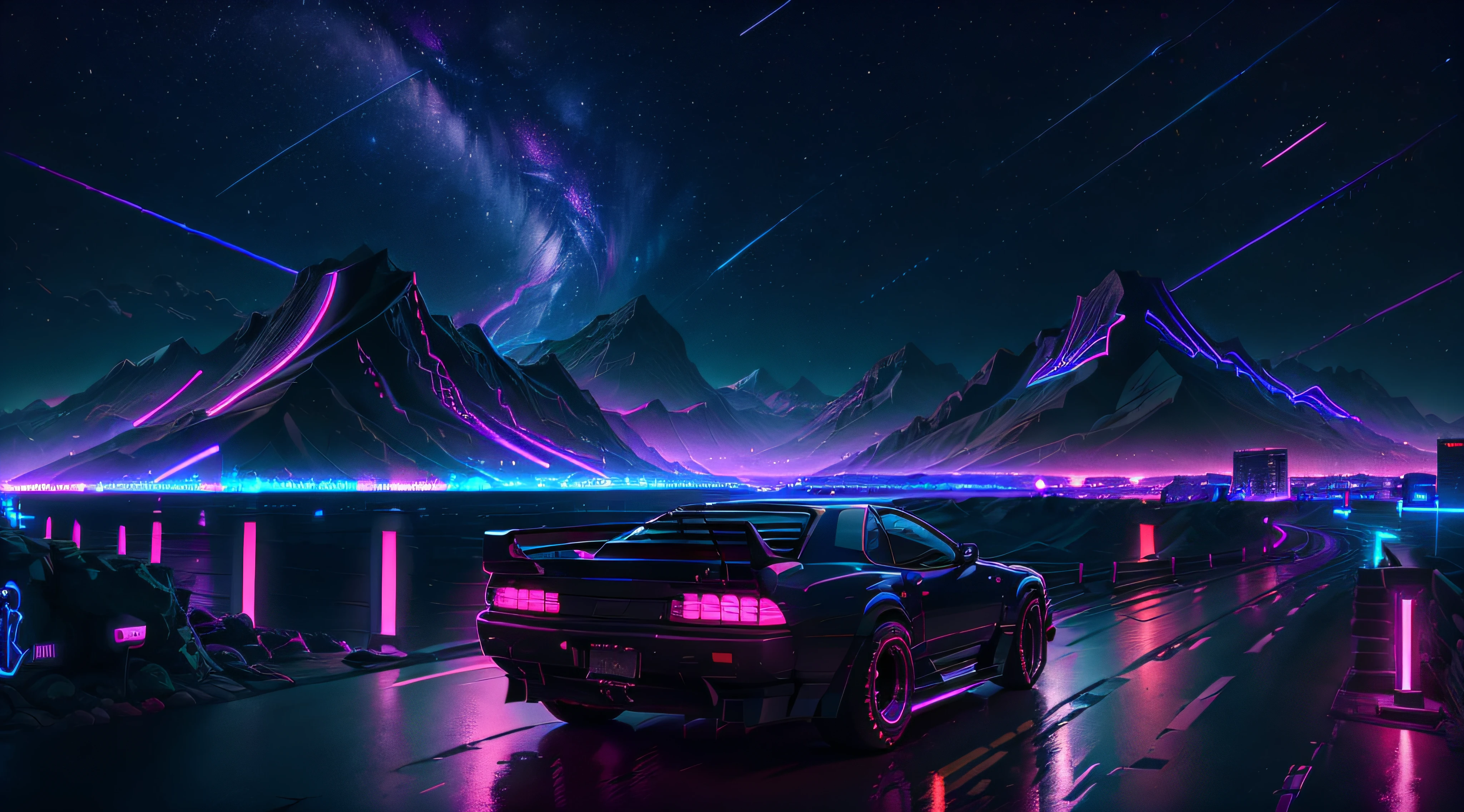 retrowave, night city, Nissan Skyline R34, road, purple neon lights, sunset, mountain, 
(masterpiece,detailed,highres),