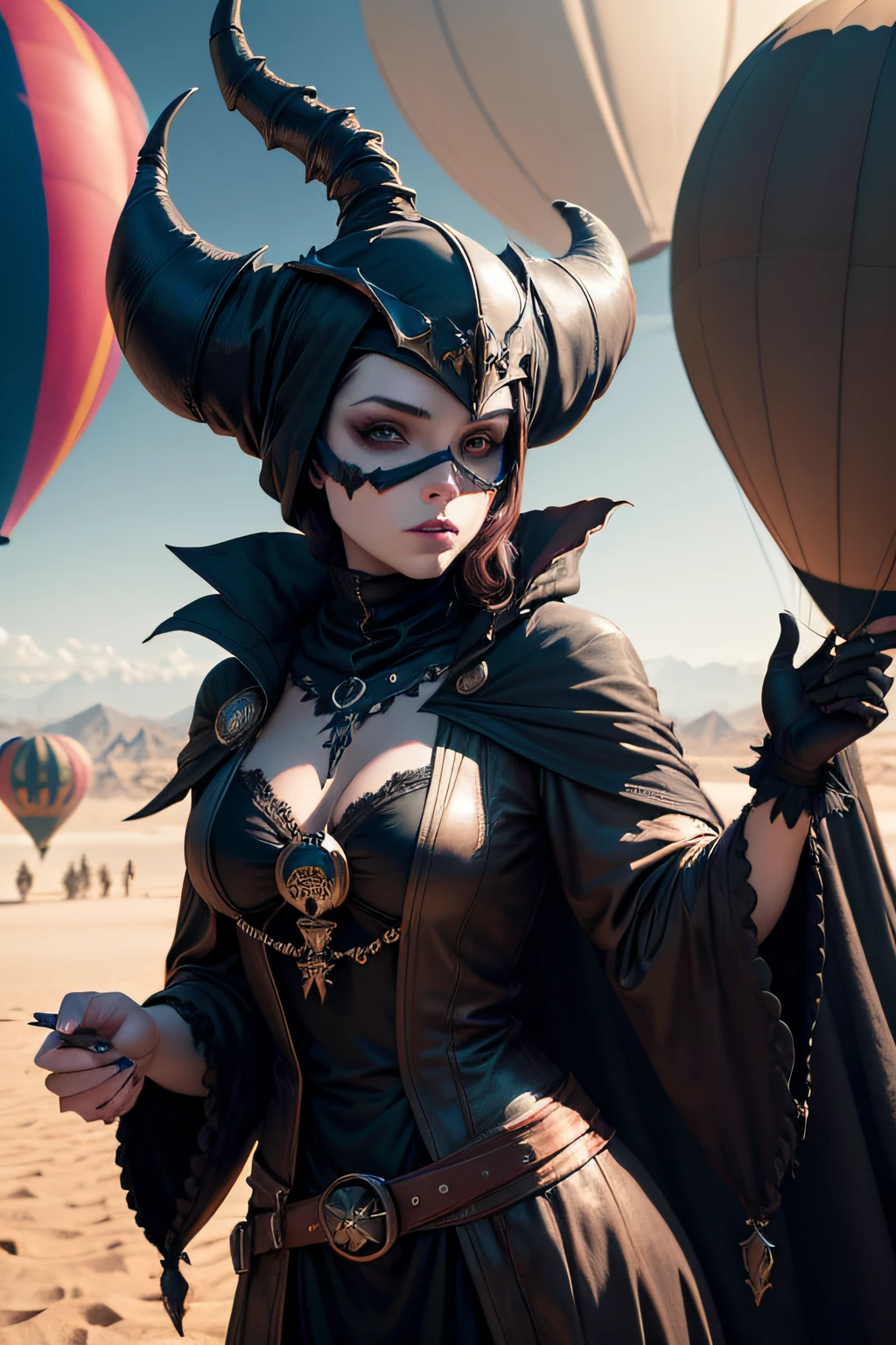 dark art darkweb pirate malefique, Utilisation d'un masque anonyme, Utilisation d'un chapeau capitaine, in the desert, Maleficent hot air balloon, darkness,obscur,4K