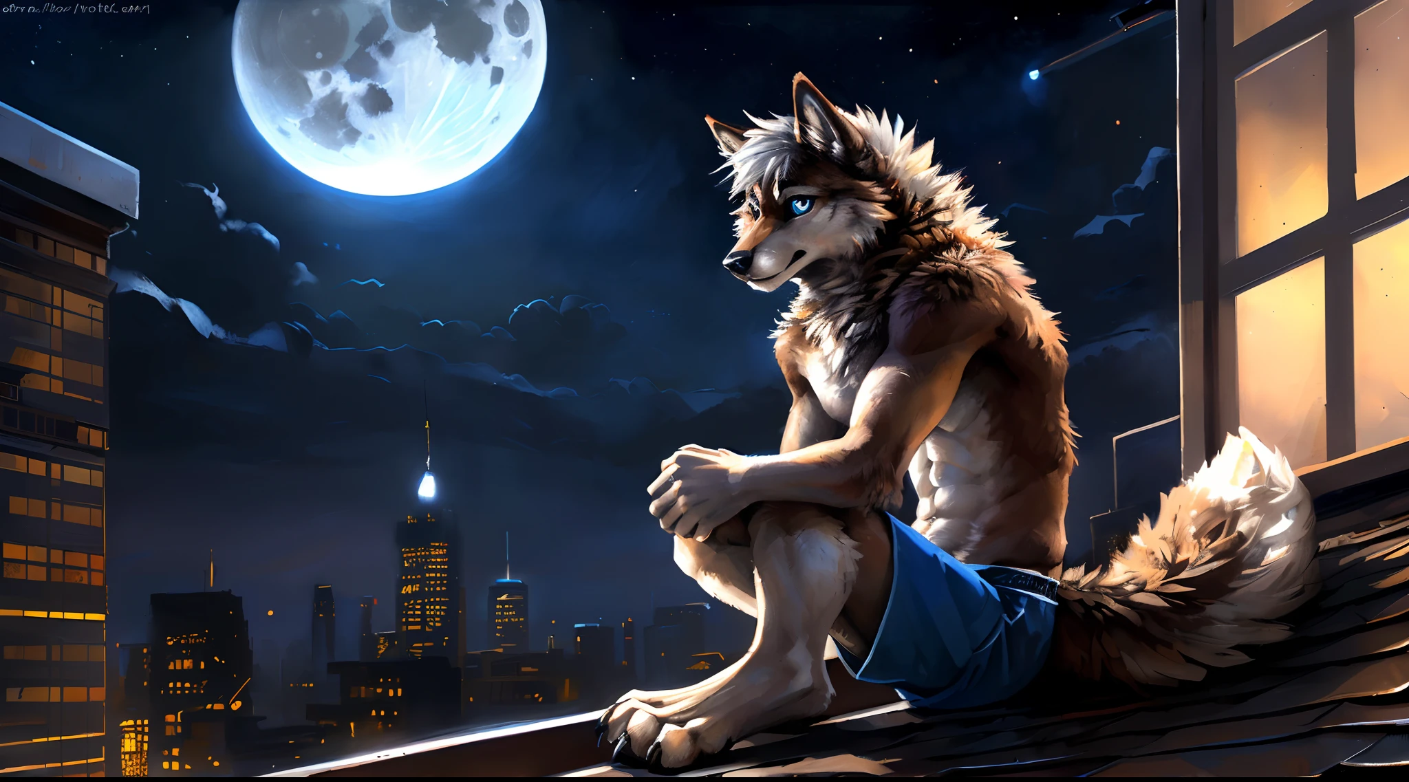 ((Solo)), male people, anthro wolf, (Multi-colored fur, White-brown:1.3), ((Wolf face, White hair, Big eyes, White eyelids, Blue pupil, Slim:1.2) (Tough, Calm expression:1.2)), Abs, Slim, pinging)), (Correct anatomy), (Work shorts:1.1), (Contour bone:1.2), The upper body is naked, (detailed outfits),A big tail,Feet,Long legs,(Realistic fur, Detailed fur texture, labeled:1.3)), (Natural lighting), Photorealistic, Hyperrealistic, ultradetailed, by Kenket,In the modern city,Roof roof,the night,Sit alone,Look at a full moon,It was dark,Starry