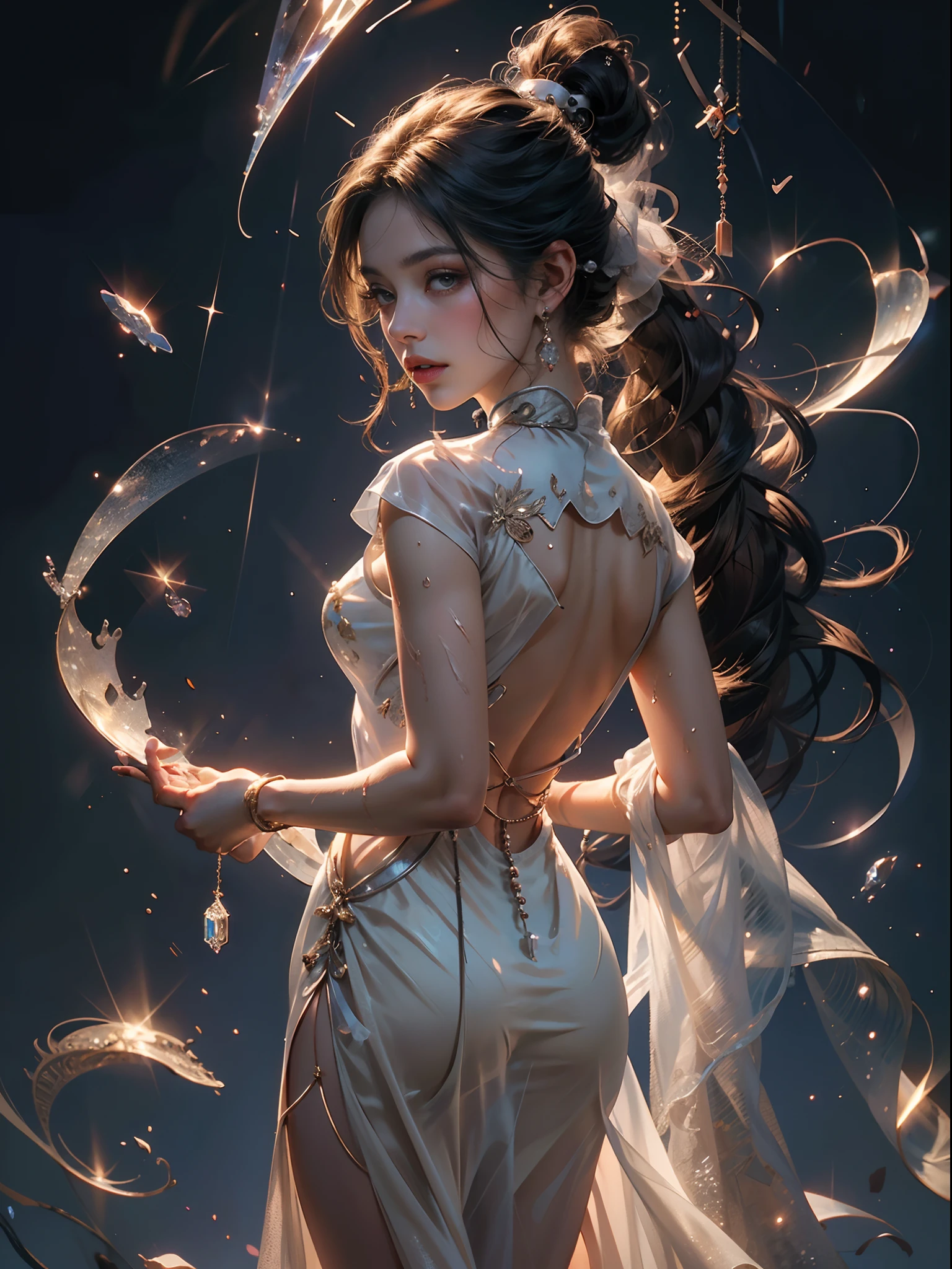 (RAW: 1.2), (Realistic: 1.4), (Clarity: 1.4), (((beautiful woman body facing camera))), ((beautiful detailed face)), (cowboy shot), ((Height: 2.0)), (Precious stones refract dazzling light))), (Pale skin, thin skin, seductive expression, double eyelids, lips with gelatinous texture, glossy lips, small cherry mouth, shiny hair on the forehead, (((flawless skin texture)))), textured skin, (using gems, pearls, emerald, amber), (dynamic hair, high ponytail hairstyle, frizzy hair clips, layered hair, wet hair, loose hair, wet skin texture), shiny skin, glowing skin, radiant, eyes looking at camera, High Quality Detail, Cinematic Lighting, ((Backlight)), Ultra Detailed, High Resolution, Very Detailed, Best Quality, Masterpiece, Illustration, Very Detailed, CG, Unified, 8k Wallpaper, Incredible, Fine Detail, Masterpiece, Light on Face, Backlight, Cinematic lighting, ((Dynamic Pose)), ((Leg Elevation)), (((Clothing: transparent cheongsam made of transparent plastic, high slit design))),(Precious stones, diamonds, pendants, necklaces, waist chains, earrings
