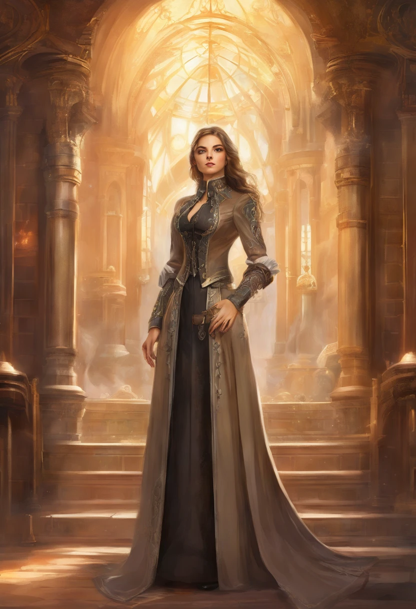 a picture of a steampunk (1)nun in a church, wearing nun habit, wearing black pantyhose, (best detailed face:1.3), ultra feminine: 1.3), dynamic hair, long hair, wavy hair, blue eyes, intent eyes, wearing high heeled boots, photorealistic, 16k, RAW, award winning, (best detailed: 1.5), masterpiece, best quality, (best detailed: 1.3), full body, ultra wide shot,