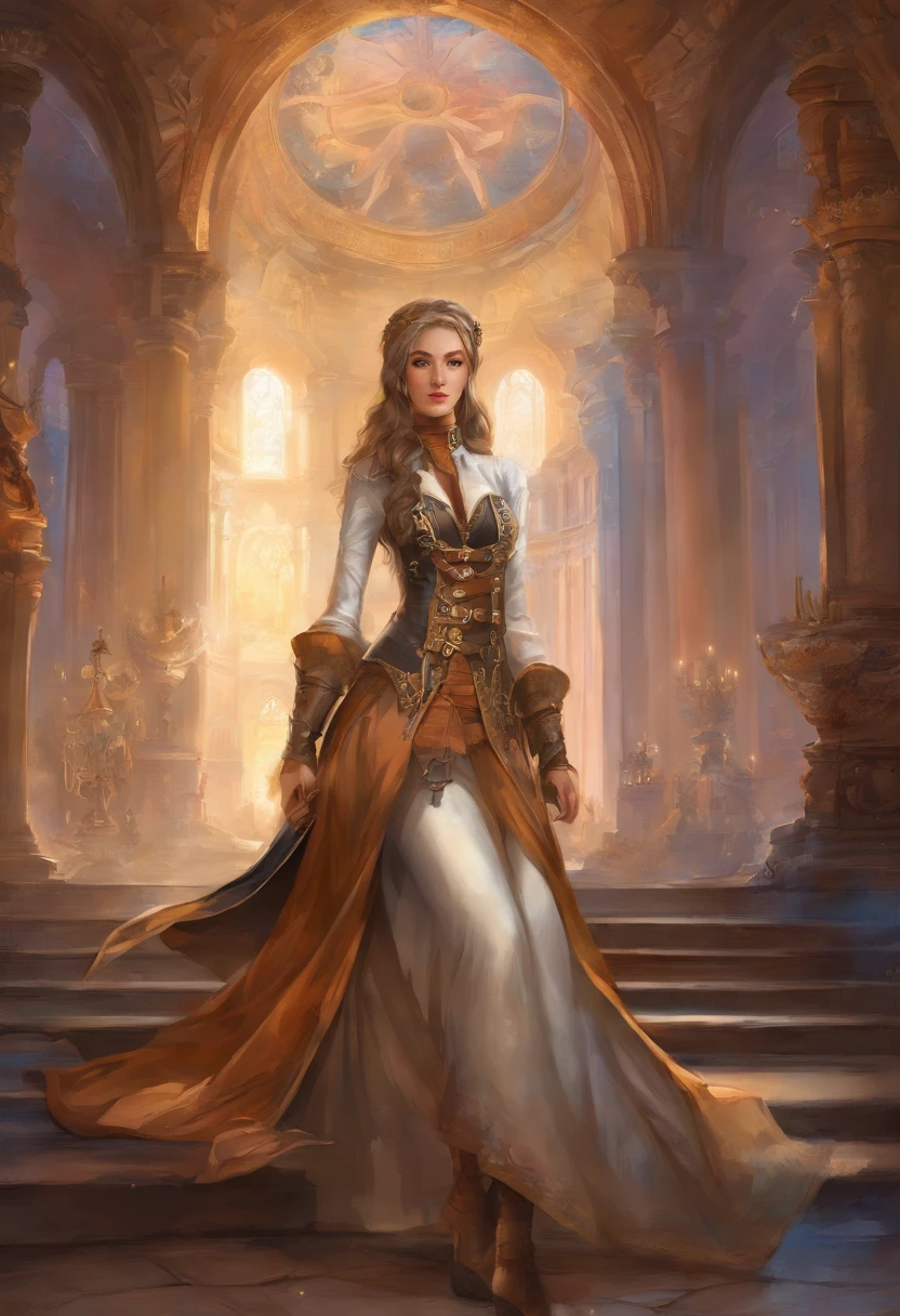 a picture of a steampunk (1)nun in a church, wearing nun habit, wearing black pantyhose, (best detailed face:1.3), ultra feminine: 1.3), dynamic hair, long hair, wavy hair, blue eyes, intent eyes, wearing high heeled boots, photorealistic, 16k, RAW, award winning, (best detailed: 1.5), masterpiece, best quality, (best detailed: 1.3), full body, ultra wide shot,