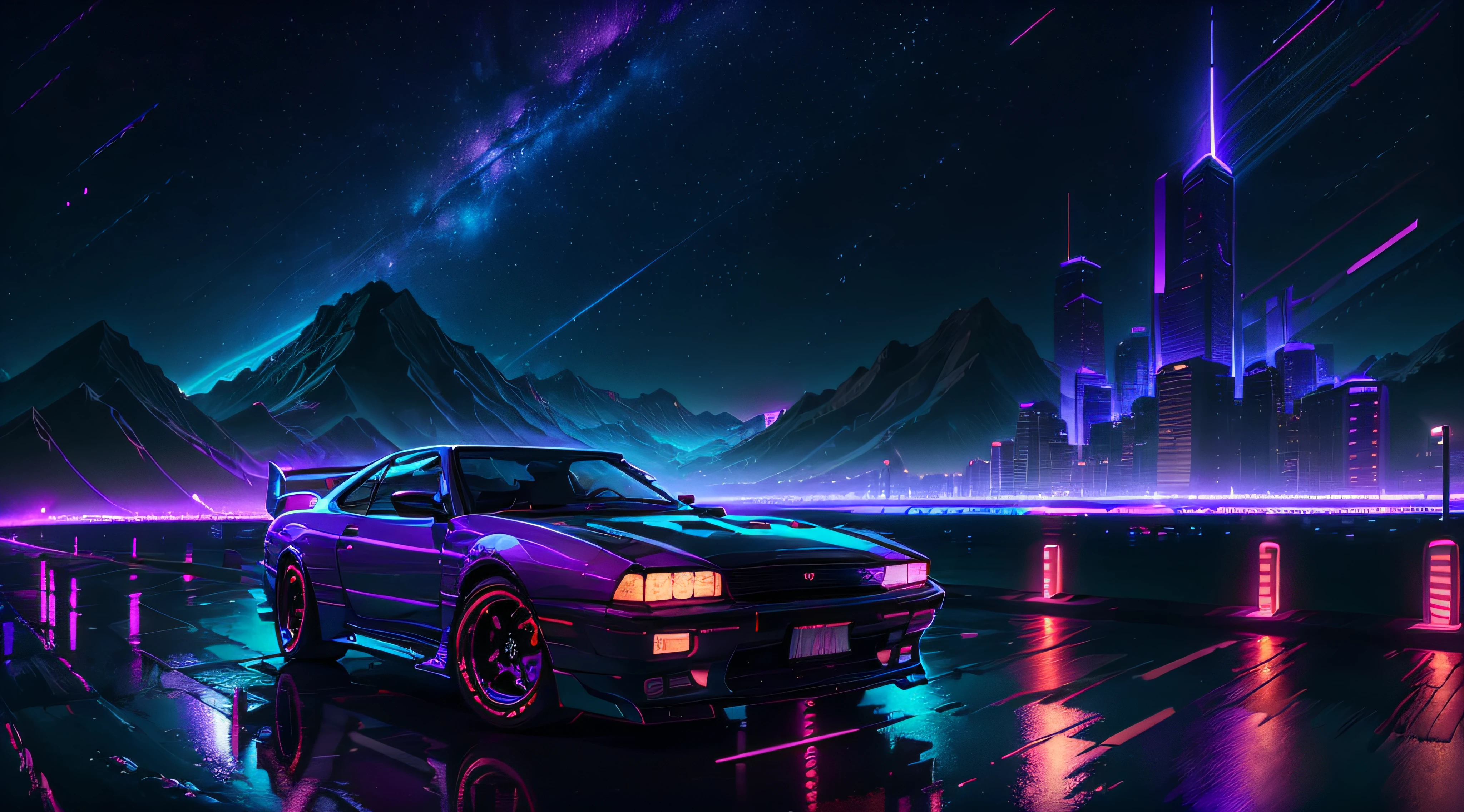 retrowave, night city, Nissan Skyline R34, road, purple neon lights, sunset, mountain, 
(masterpiece,detailed,highres),