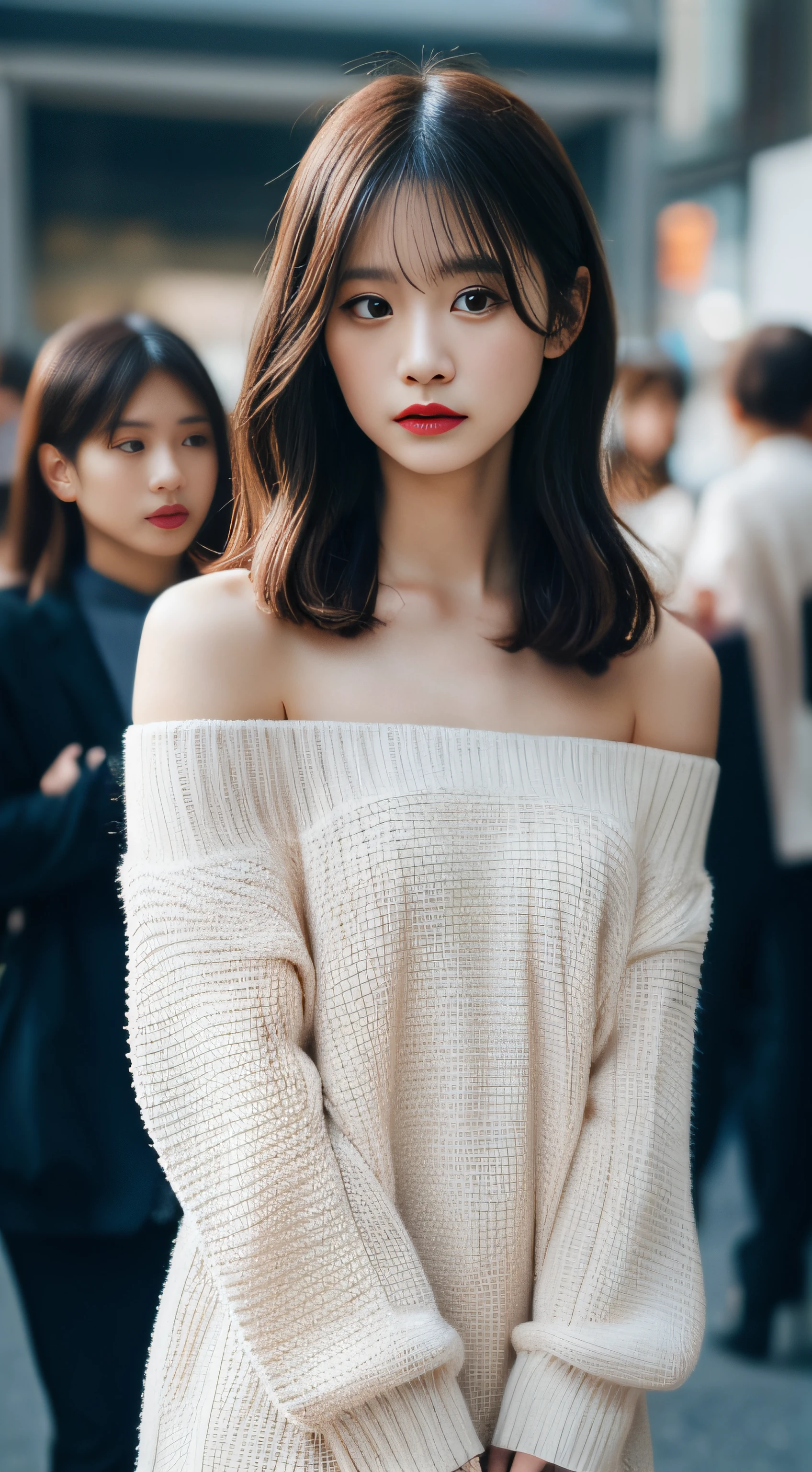(NSFW:1.5), (NSFW:1.5), NSFW, SFW,8K、Raw photography、top-quality、,Full body portrait:2.0、medium distance shot、White rough woven sweater dress、Mini One Piece、(off shoulders)、(Composition from the knee up:1.2)、32K、ultra res、fully body photo:2.0, is standing:2.0、Best Quality, Raw photo, Photorealistic,Full body portrait:2.0、rialistic photo、(Small breasts:1.2), (skinny body), street corner、Crowds, Ginza、Full body, Looking at the camera、a beauty girl, Cute, length hair, depth of fields, High resolution, Ultra Detail, Fine detail, Highly detailed, Highly detailed eyes and face, Sharp pupils, Realistic pupils, Sharp Focus, softlighting