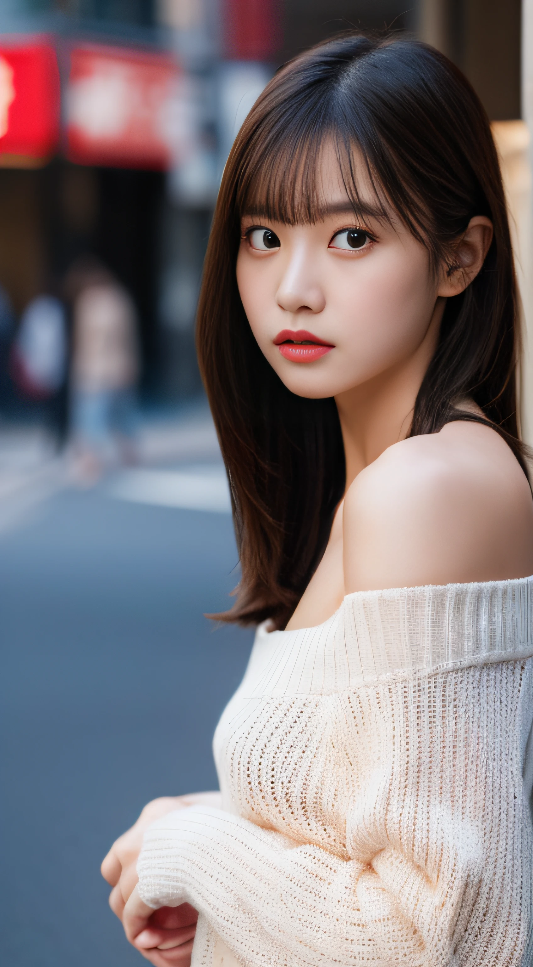 (NSFW:1.5), (NSFW:1.5), NSFW, SFW,8K、Raw photography、top-quality、,Full body portrait:2.0、medium distance shot、White rough woven sweater dress、Mini One Piece、(off shoulders)、(Composition from the knee up:1.2)、32K、ultra res、fully body photo:2.0, is standing:2.0、Best Quality, Raw photo, Photorealistic,Full body portrait:2.0、rialistic photo、(Small breasts:1.2), (skinny body), street corner、Crowds, Ginza、Full body, Looking at the camera、a beauty girl, Cute, length hair, depth of fields, High resolution, Ultra Detail, Fine detail, Highly detailed, Highly detailed eyes and face, Sharp pupils, Realistic pupils, Sharp Focus, softlighting