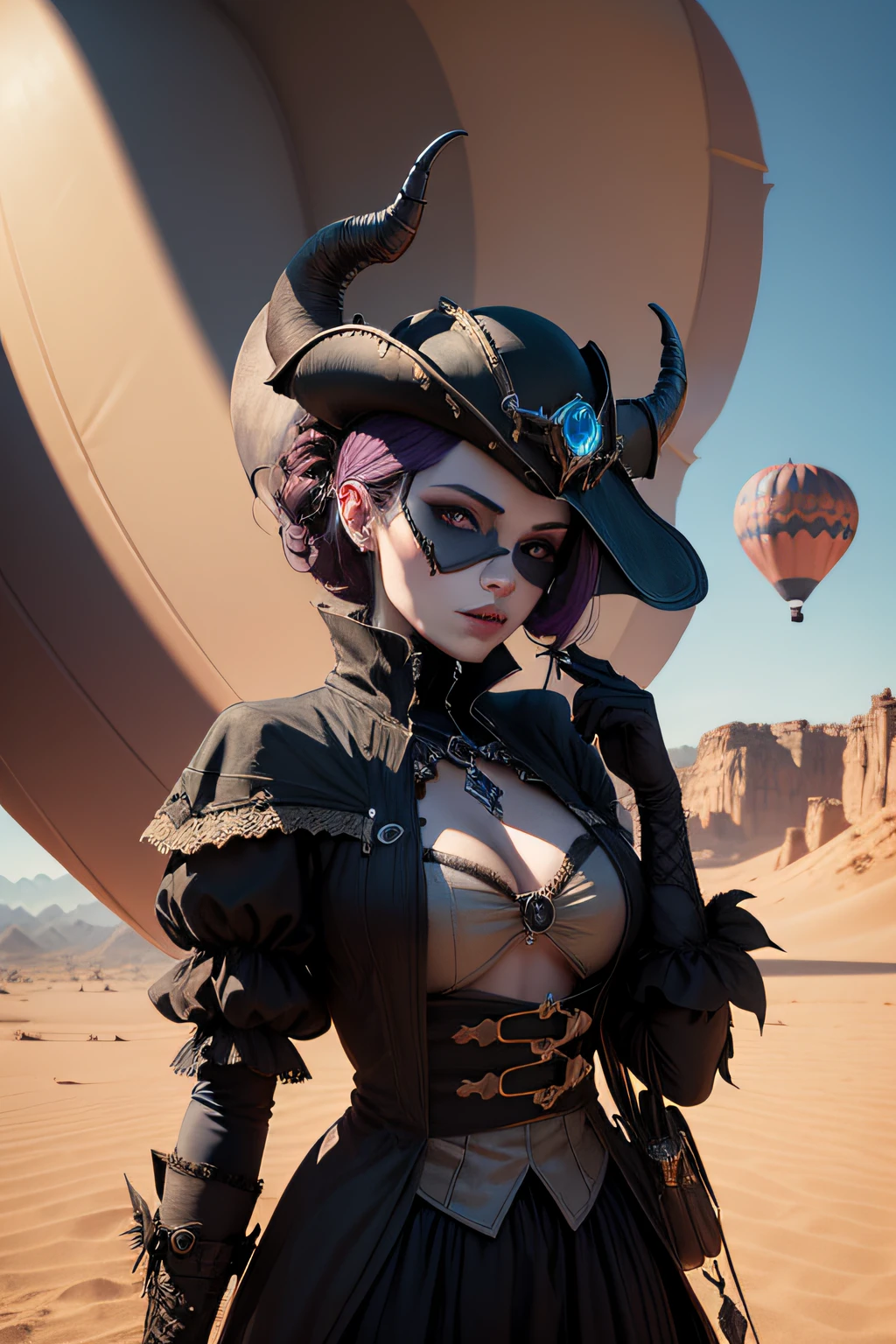 dark art darkweb pirate malefique, Utilisation d'un masque anonyme, Utilisation d'un chapeau capitaine, in the desert, Steampunk Maleficent Hot Air Balloon, darkness,obscur,4K