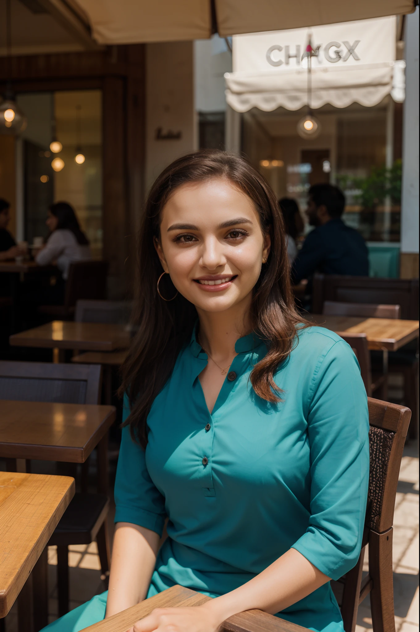 A woman sitting in a cafe, wearing kurti, smiling, depth of field, hdr, 4k, 8k, bokeh, sunny, side lighting, mobile photography, washed out colors, portrait