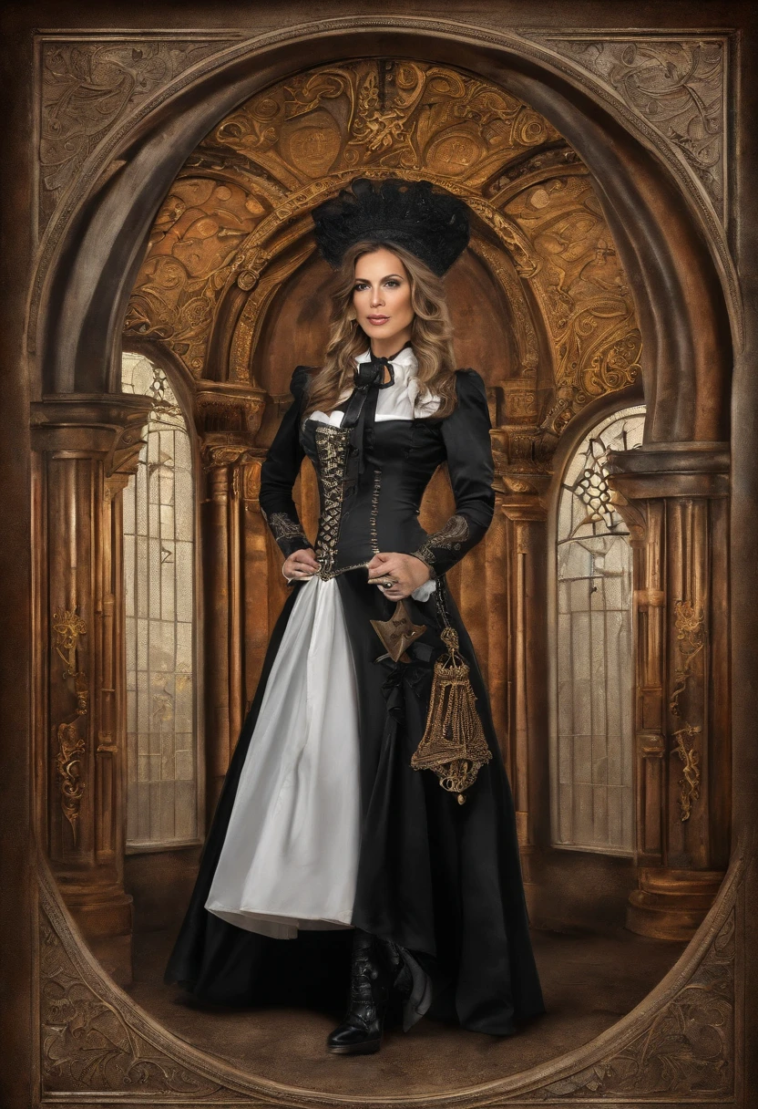 a picture of a steampunk (1)nun in a church, wearing sexy nun habit, wearing black pantyhose, (best detailed face:1.3), ultra feminine: 1.3), dynamic hair, long hair, wavy hair, blue eyes, intent eyes, wearing high heeled boots, photorealistic, 16k, RAW, award winning, (best detailed: 1.5), masterpiece, best quality, (best detailed: 1.3), full body, ultra wide shot,