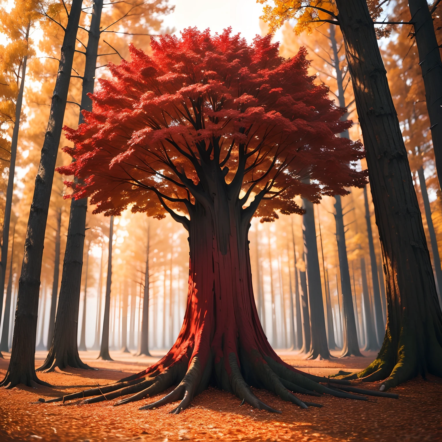 Create a red tree with golden tones