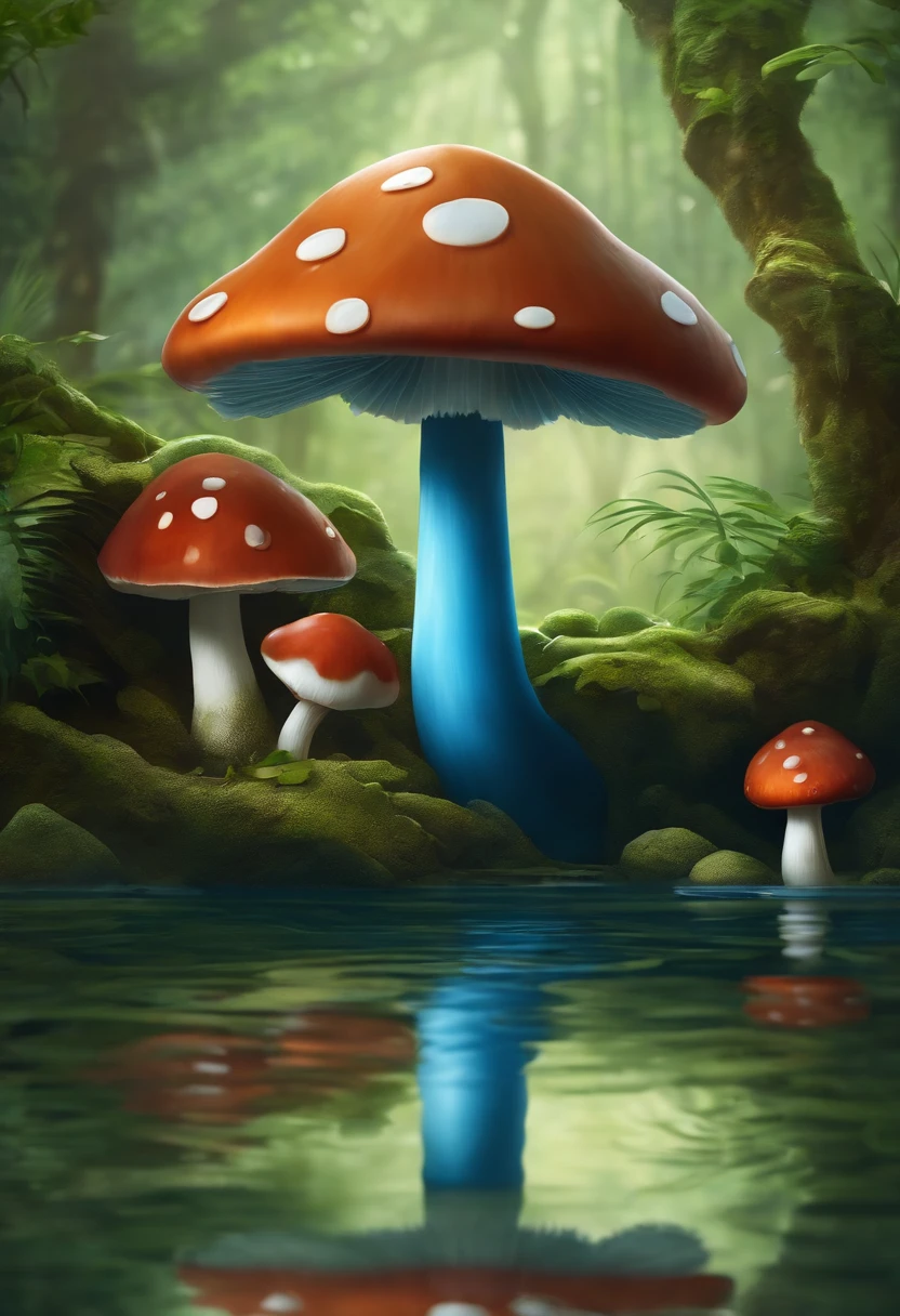 There is a cartoon of a mushroom in the water with a blue umbrella, cogumelo escuro, em uma fonte de cogumelos selvagens, cogumelo derretendo, cogumelo no pantano