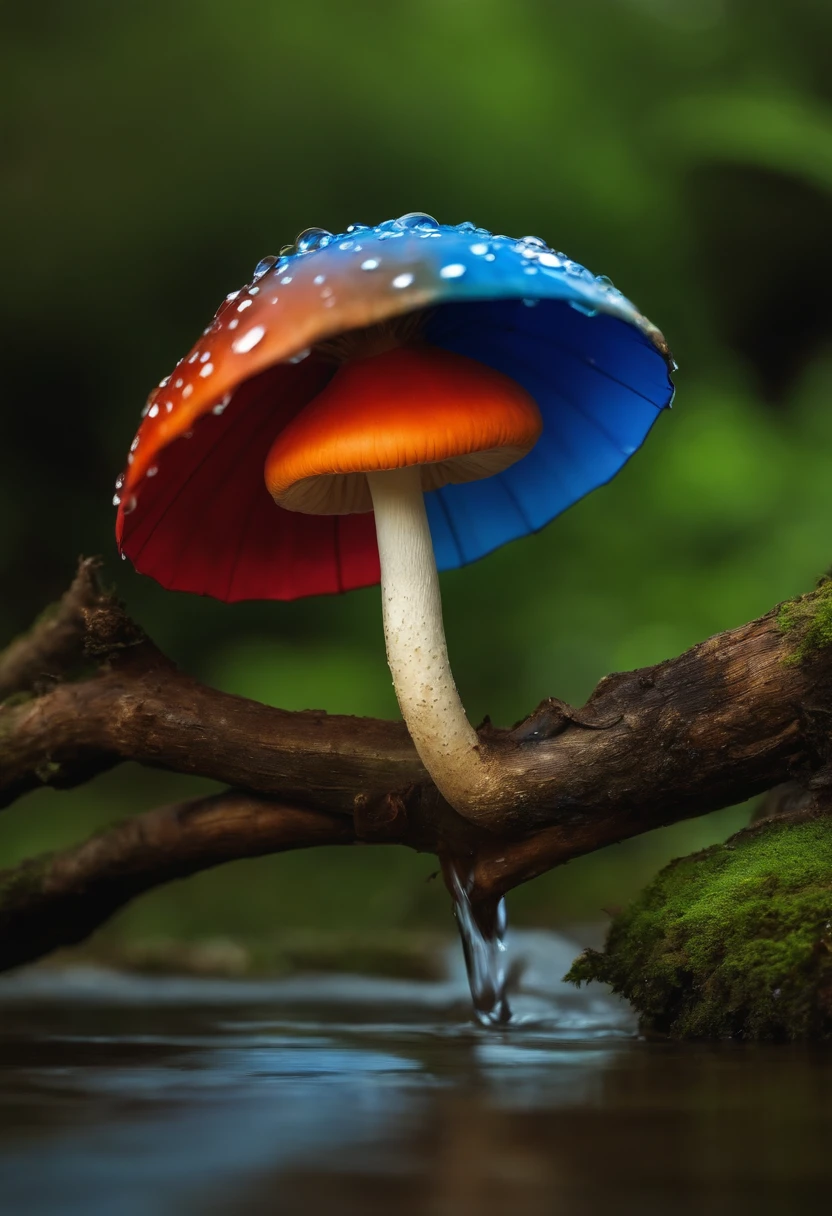 There is a cartoon of a mushroom in the water with a blue umbrella, cogumelo escuro, em uma fonte de cogumelos selvagens,  cogumelo derretendo, cogumelo no pantano