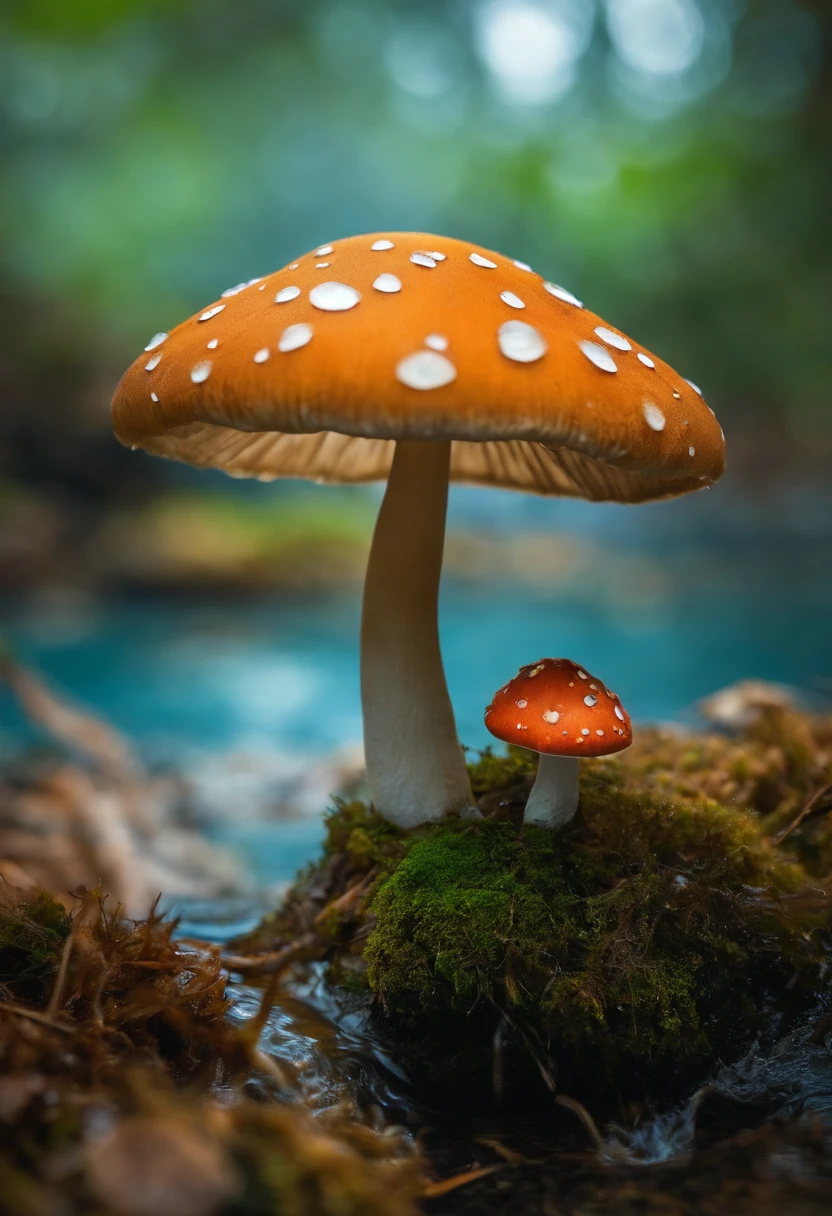 There is a cartoon of a mushroom in the water with a blue umbrella, cogumelo escuro, em uma fonte de cogumelos selvagens,  cogumelo derretendo, cogumelo no pantano