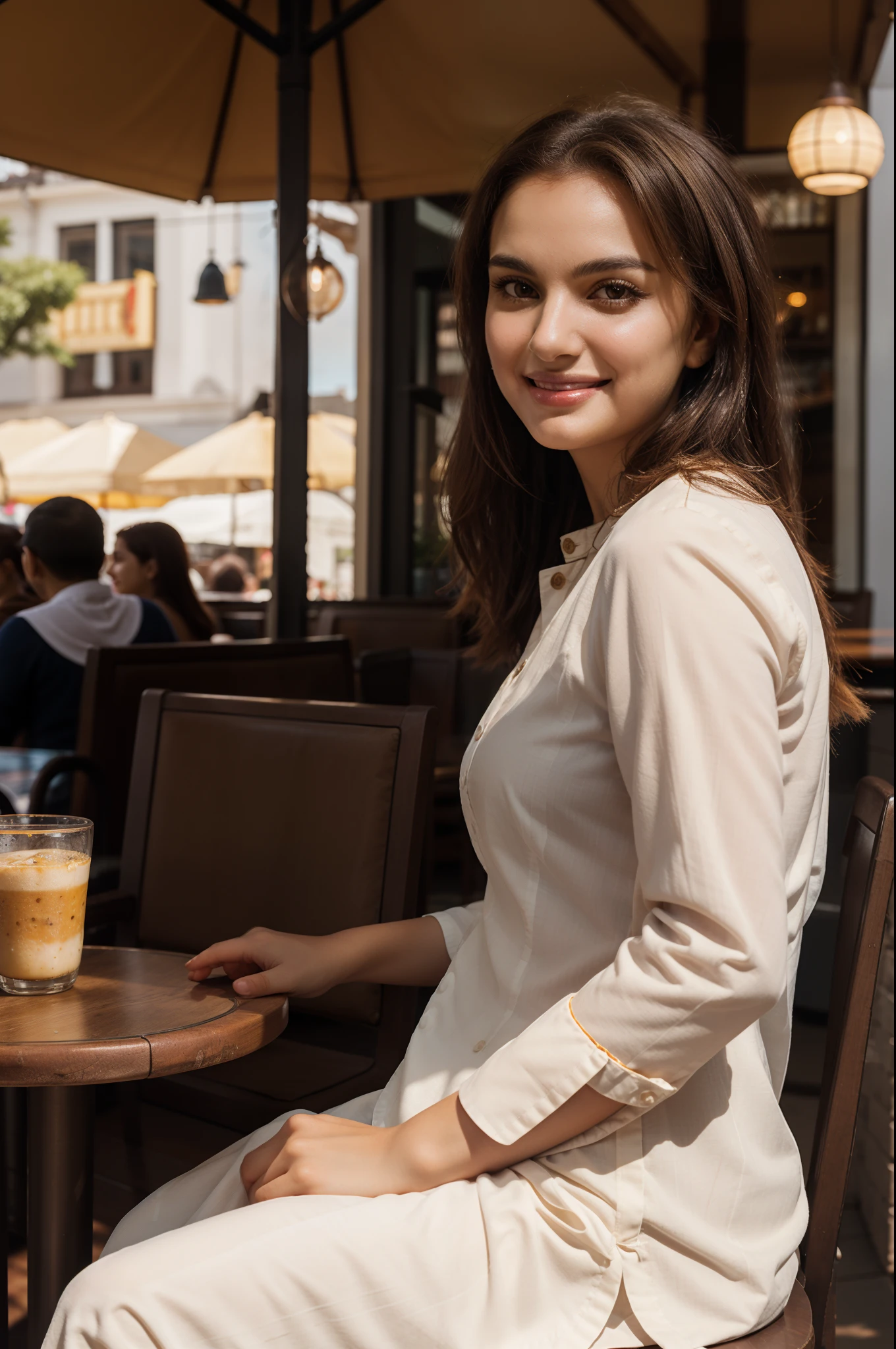 A woman sitting in a cafe, wearing kurti, smiling, depth of field, hdr, 4k, 8k, bokeh, sunny, side lighting, mobile photography, washed out colors, portrait