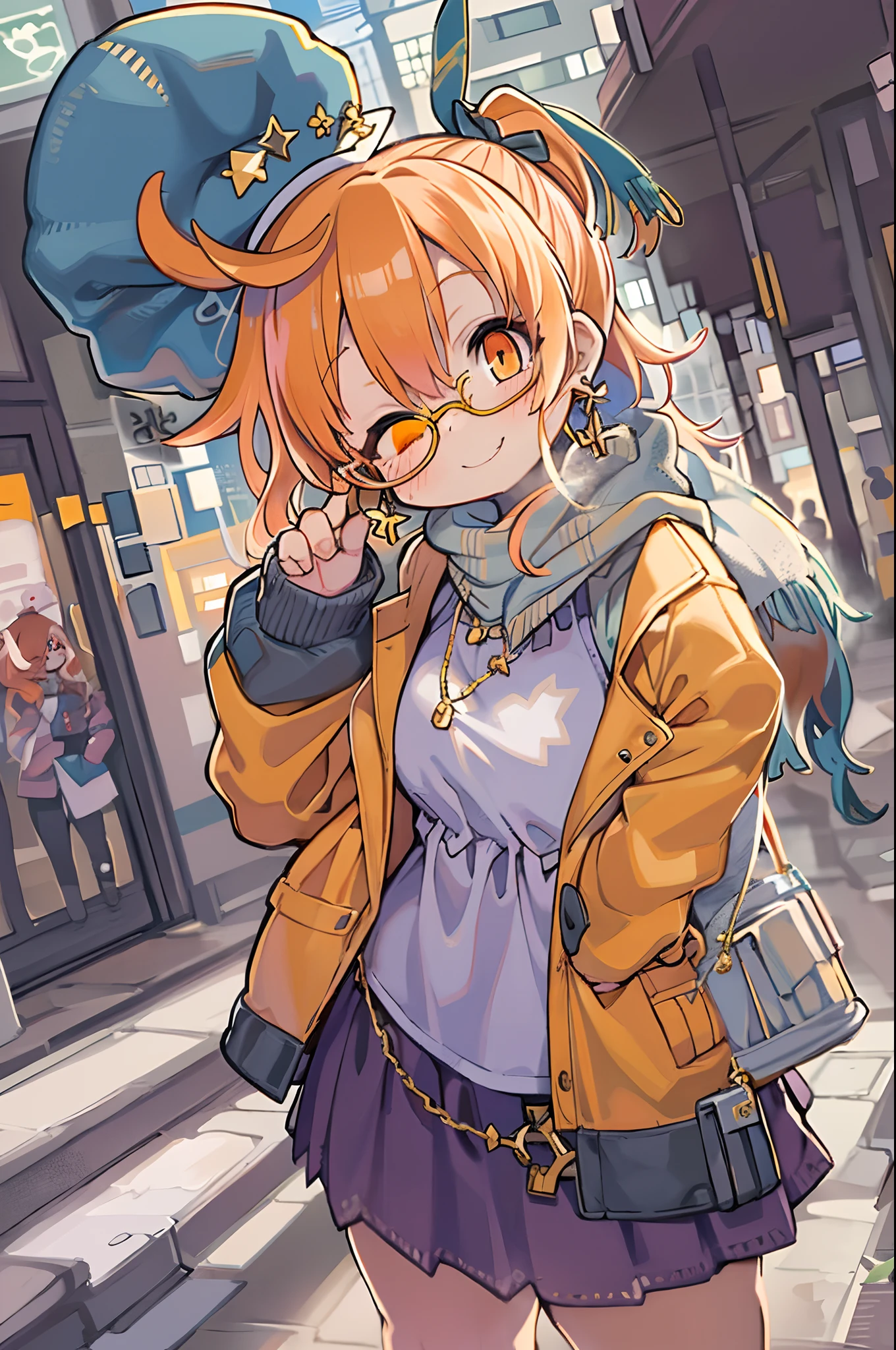 1girl in, Solo, Yorigamijoon, Orange hair, Drill Hair, eyewear on head, Orange Eyes, Jewelry, Bow, White Dress, Purple jacket, Pendants, earrings, hat, Standing, put hands on the hip, Looking at Viewer, one eye closed, Smirk, Outdoors, city