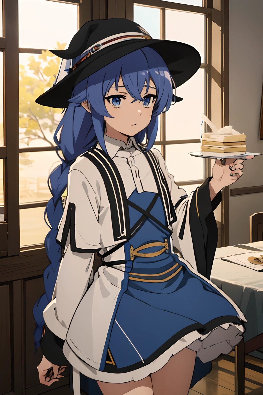 {Roxy_Migrudia(mushoku tensei)}、1girl, masterpiece、top-quality、Blue eyes、pale crimson blue hair、double big braid, {fullnude}、{gentle}、{calm}、{pubic hair}、{polution}、{{小柄}}、satori、{Calm}、watching at viewers、{low angles}, {lowerbody}、{NSFW}, open legs, wide-brimmed pointed hat, Shyness、