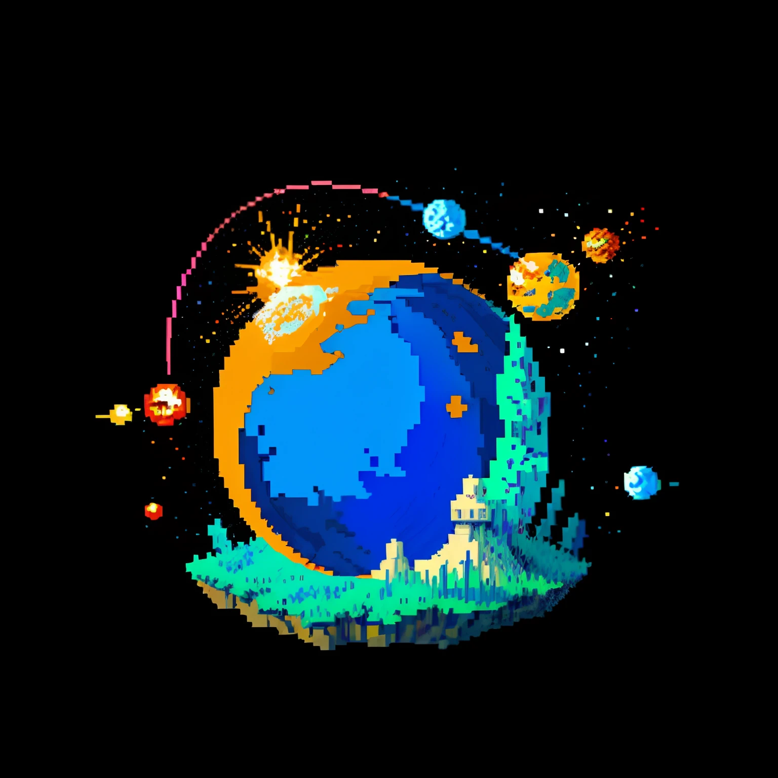 ((dans le style du pixel art)), pixel, Pixel art 4 bits, A planet in space, Light particles, Pixel Art officiel, absurd res, starry black background, Ultra-detailed pixel art