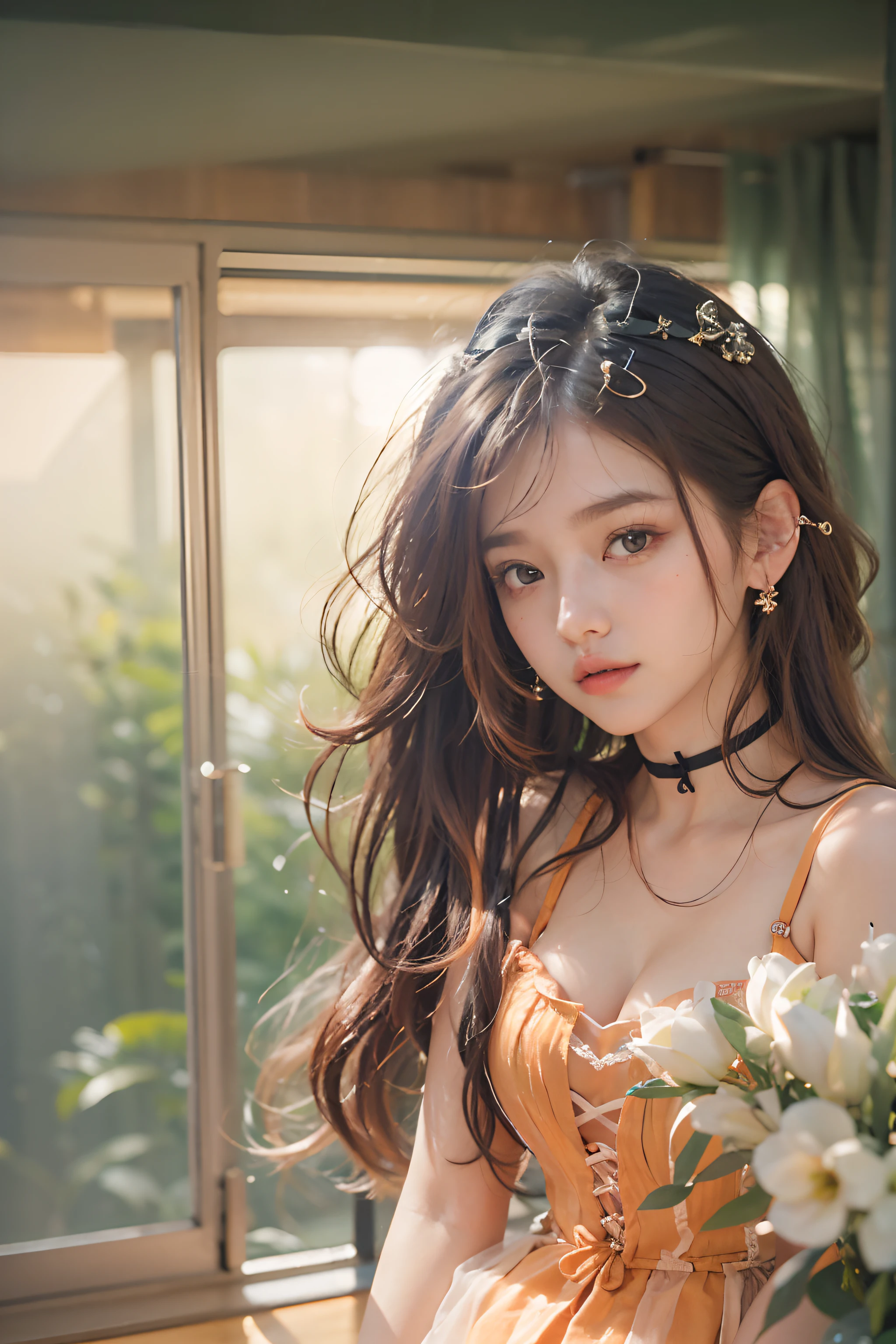 (upper Shot)、1girl in、in her 20s、((Medium Hair))、(((Black to orange gradient hair)))、((bangss))、(Photoreal Stick:1.2)、in 8K、(High quality shadows)、(A charming expression)、Detail Beautiful delicate face、Detail Beautiful delicate eyes、Cute K-pop Idol、(Korean Urzan Face)、pureerosface_v1、(looking at view)、gloweyes、perfectbody、((strong lights))、(a choker)、(piercings)、((Brown eyes))、((Beautiful Finger))、 Shiny hair、Description beautiful delicate hair、(Lustrous skin)、((Green see-through dress))、(corsets)、(long skirt)、 (early evening)、Background blur、灯光、huge window、(Strong Western Sun From the Window)、Flowers in a vase、Sit on a large sofa、