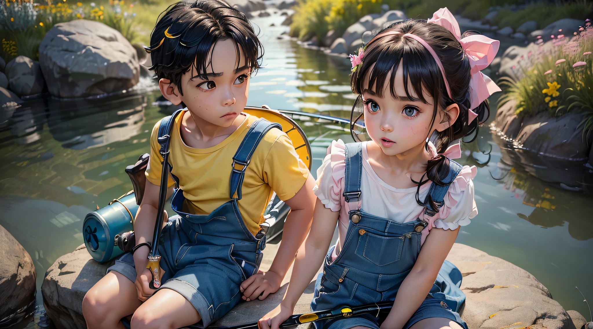 (((masterpiece, best quality, Photo realistic))), (UHD, 8K wallpaper, High resolution), Perfect anatomy, Cinematic lighting, physically-based rendering, award-winning, extremely detailed skin, extra detailed face, eyes with beautiful details, Carl Zeiss 85 mm F/1.4, (1 boy and 1 girl, couple:1.5), Cute 3--old l, sitting on large rock near creek, (black hair, high ponytail, black eyes, round face), (pink and white fluffy dress with ribbon:1.5), (girl has cute shy expression), (girl is holding wildflowers:1.5), (1 boy is a 3-year-oly), (oy and a girl are sitting close to each other on large rock near creek:1.5), (a boy is wearing blue overalls with yellow t-shirt:1.3), (a boy holds fishing pole:1.5), [full body shot], shot from side,