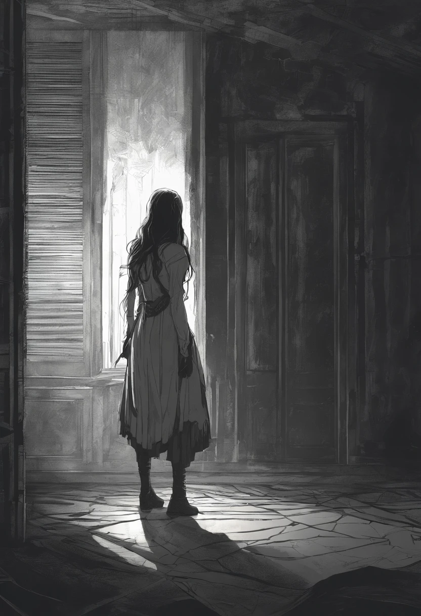 Una joven con un vestido blanco hecho jirones, her long hair darkening part of her melancholy face. Sus ojos parecen oscuros, and a mysterious smile crosses his pale face from time to time.. She stands in the corner of a dark room.., como si esperara con profunda tristeza. Yet, The most chilling thing is the long shadow it casts on the wall...., Looking bigger and more ominous than her own figure. Es como si fuera una ventana a su alma herida y aislada., hinting at a story possibly even scarier than it seems