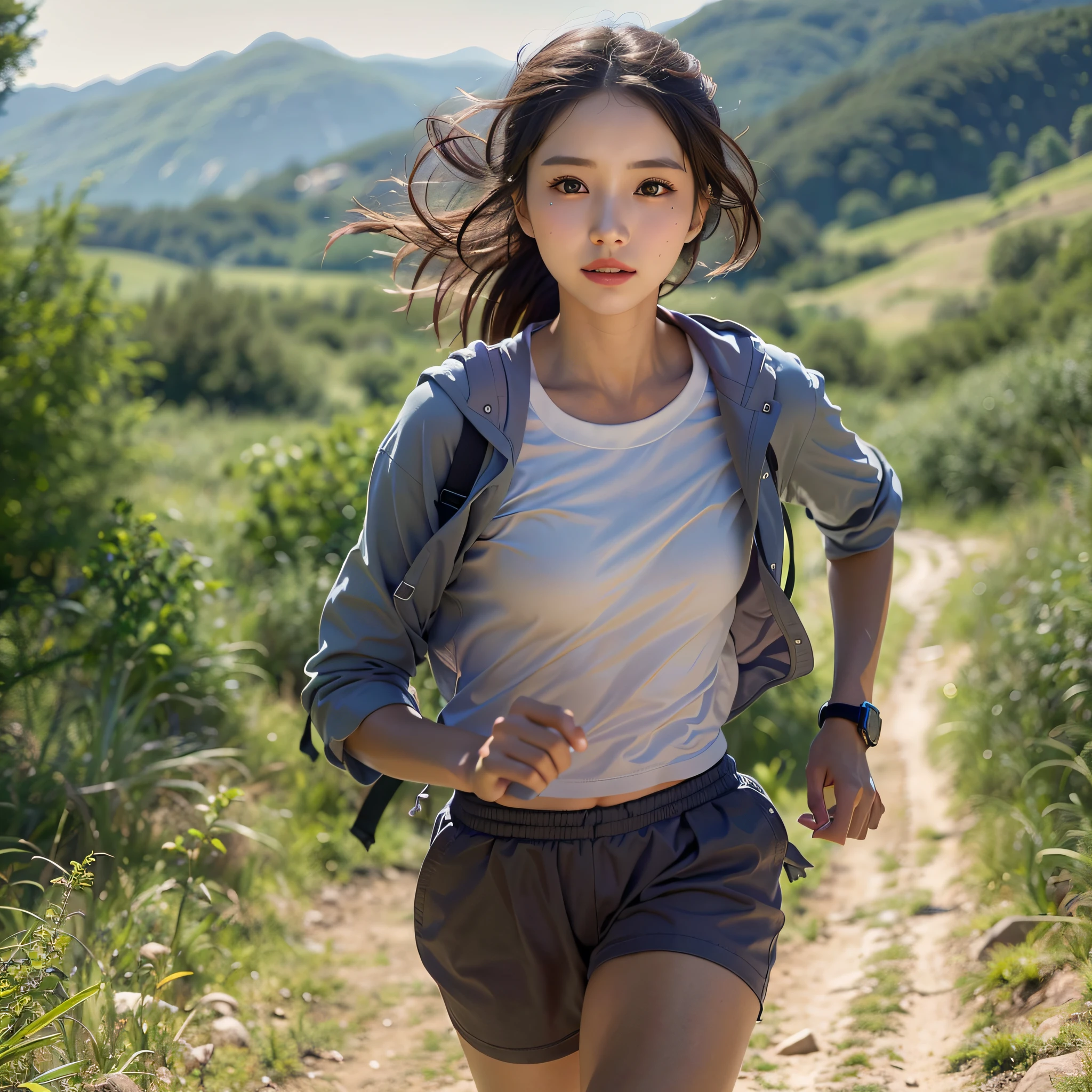 1 Girl: 1.3, Solo, 8K, Mountain Landscape, Woman Running On A Dirt Path, In Nature, Shot from a Short Distance, Watching the Viewer, (Masterpiece), (Best Quality), High Resolution, (Photorealistic: 1.2), (50mm Sigma f/1.4 Zeiss Lens, f1.4, 1/800s, ISO 100, Photo: 1.1), Ultra Detailed, Physically Based Rendering, Pretty woman of 20 years old, (very detailed face: 1.5), small face, looking ahead, fine hands, contents, middle breast, middle waist, smile:1.5, black hair, (fine lips, lip gloss: 1.3), so much sweat, shiny skin, (white, long t-shirt: 1.5): 0.2, black running shorts, focus on face