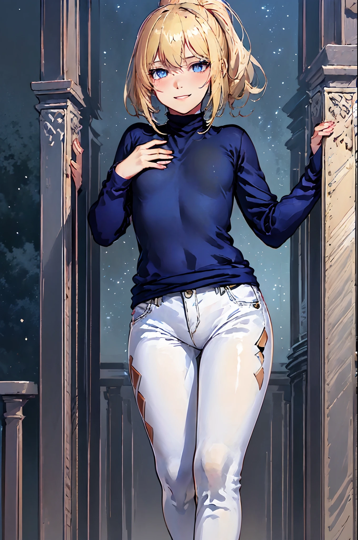 masterpiece, best quality, ultra-detailed, beautiful lighting, Woman, tight jeans, blonde hair, (blue eyes:1.3), (white sweater:1.2), turtleneck, standing up, in park, beautiful scenery, slight blush, smiling, (cute smile:1,1), (glossy lips:1.1), (beautiful eyes:1.1), wonderful backround, closed mouth, arms_behind_back, short hair