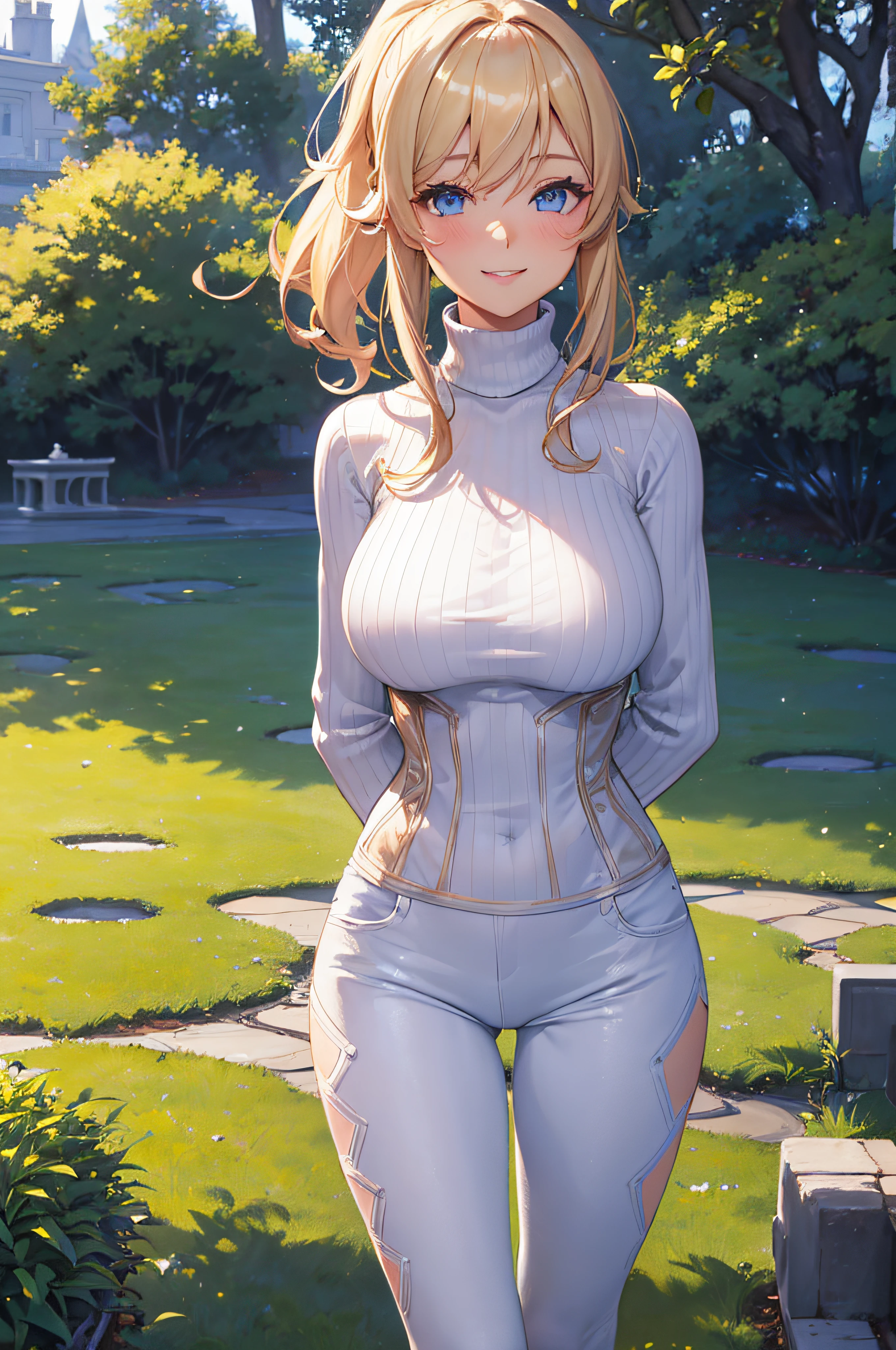 masterpiece, best quality, ultra-detailed, beautiful lighting, Woman, tight jeans, blonde hair, (blue eyes:1.3), (white sweater:1.2), turtleneck, standing up, in park, beautiful scenery, slight blush, smiling, (cute smile:1,1), (glossy lips:1.1), (beautiful eyes:1.1), wonderful backround, closed mouth, arms_behind_back, short hair