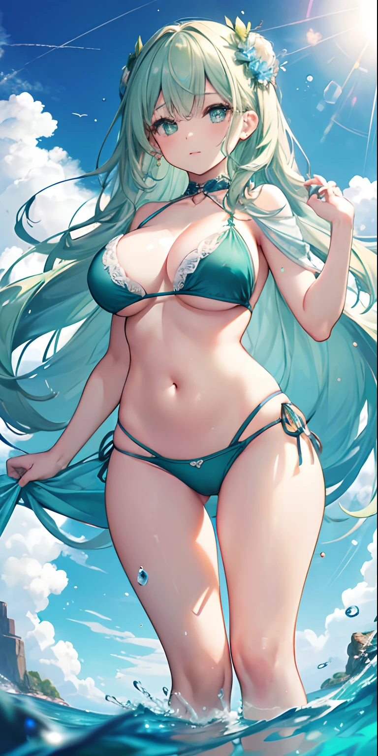art by Cornflower, dreamy (a big girl who had beautiful detailed green eyes, eyes, nose, ear, eyebrow, mouth, lips, blue green hair, highlights, bangs, breasts, belly, waist, legs, thighs, bikini. The depth The field view in the photo was perfect, and the lens flare added a nice touch. The finely detailed features of her face really stood out, and the score for this photo was definitely higher than 10. In the background, there was a beautiful ocean with water. crystal clear green and water droplets on the surface, very detailed water. It was a stunning photo that really captured the beauty of the girl in the green water.)