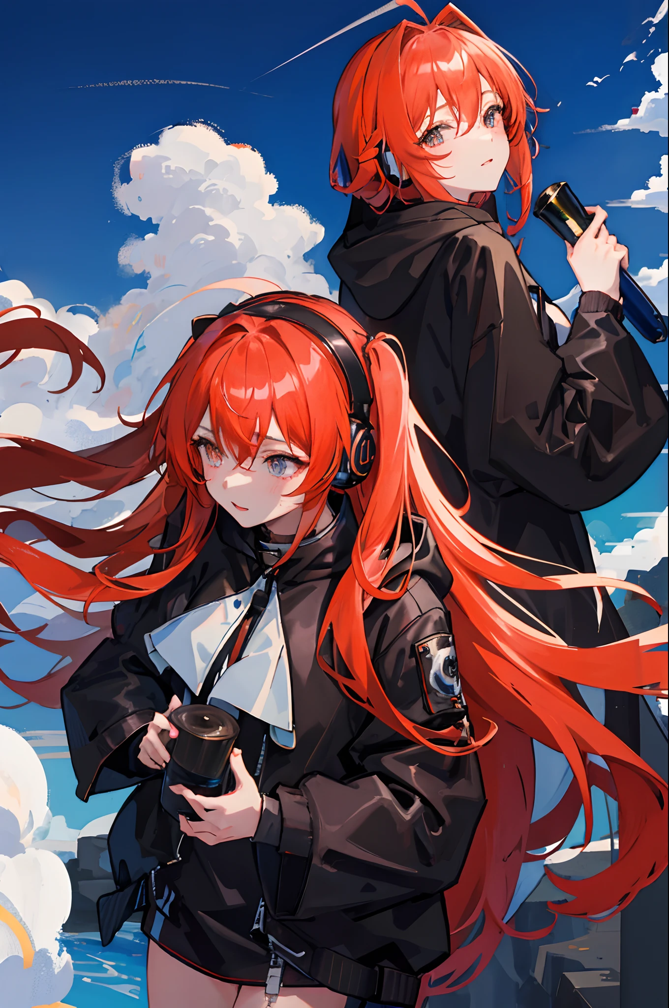 (masuter piece、side lights、ultra-detailliert、inely detailed beautiful eyes: 1.2)、1girl in、bags、headphones、hoods、Hood down、hooded jacket、Black hoodie、jaket、long、orange color hair、profile、redhair、独奏、nighttime scene、The upper part of the body、masterpiece、top-quality、natta、Scenery、neons
