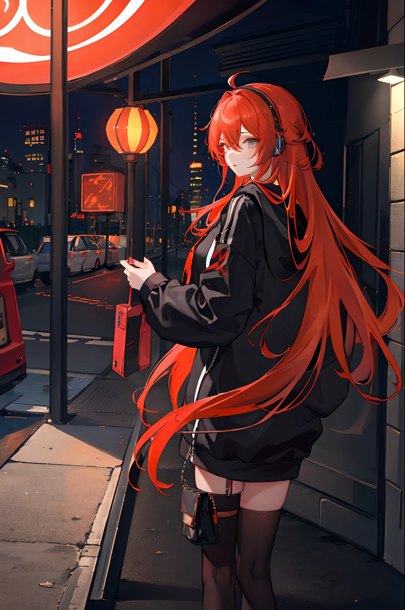 (masuter piece、side lights、ultra-detailliert、inely detailed beautiful eyes: 1.2)、1girl in、bags、headphones、hoods、Hood down、hooded jacket、Black hoodie、jaket、long、orange color hair、profile、redhair、独奏、nighttime scene、The upper part of the body、masterpiece、top-quality、natta、Scenery、neons
