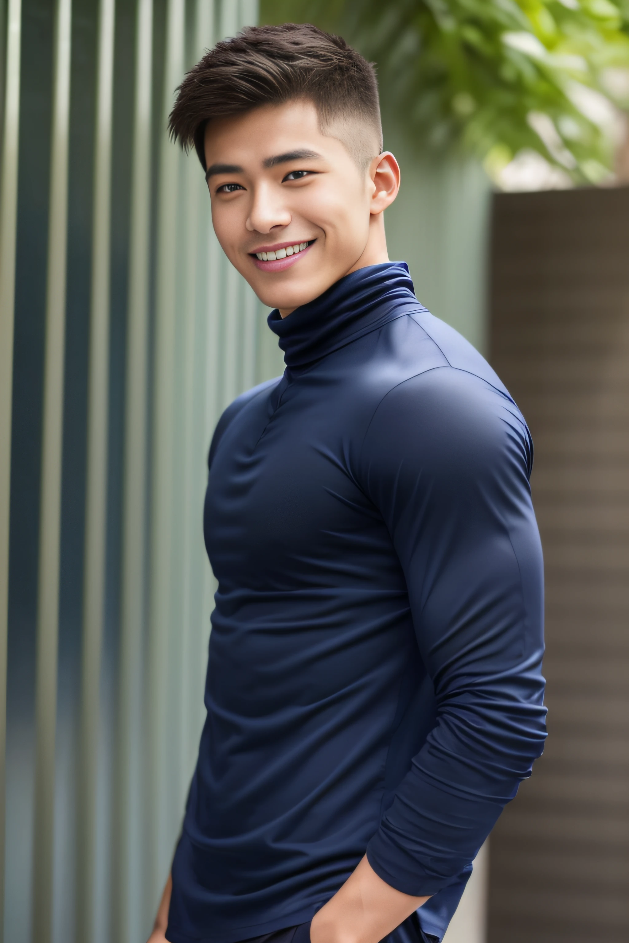 A handsome men ,20 age , Short Hair Hair, korea , Student，(((Wear a navy high-neck shirt without stripes...))), full body view,smile ,Pectoral muscles, Wide shoulders ,athlete , Upper body (1), It's raining: 1.3, gym: 1.2, body dripping wet: 1.1, Fitness Equipment