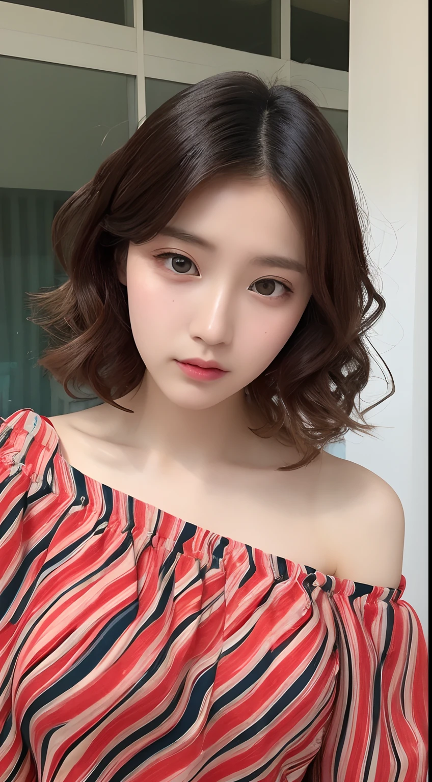 one Japanese teen model , hair model, Unique wavy short layered colorful hair details, elegant off shoulder cyberpunk hiphop fashion, Near future , double eyelid, plump lips, professional makeup, hyper res