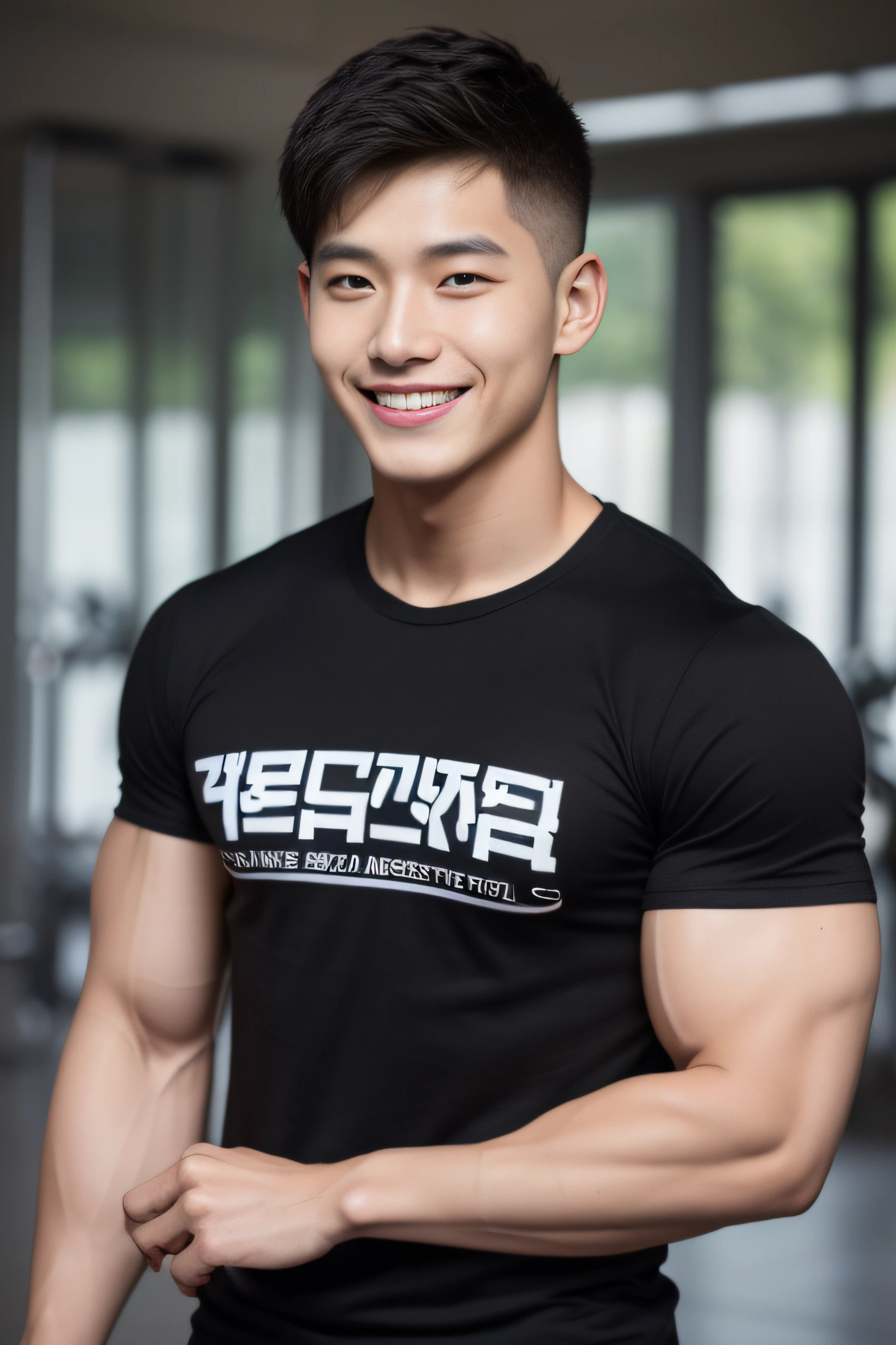 A handsome men ,20 age , Short Hair Hair, korea , Student，(((Wear a white T-shirt without stripes..........))),  front-view, smile ,Pectoral muscles, Wide shoulders ,athlete , Upper body (1.3),  It's raining: 1.3, road: 1.2, body dripping wet: 1.1,