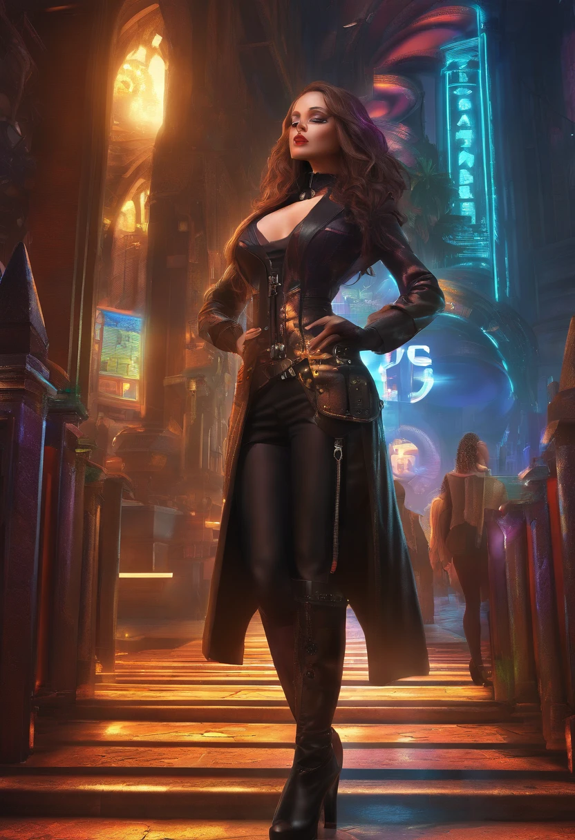 a picture of a steampunk (1)nun in a church, wearing sexy nun habit, wearing black pantyhose, (best detailed face:1.3), ultra feminine: 1.3), dynamic hair, long hair, wavy hair, blue eyes, intent eyes, wearing high heeled boots, photorealistic, 16k, RAW, award winning, (best detailed: 1.5), masterpiece, best quality, (best detailed: 1.3), full body, ultra wide shot,
